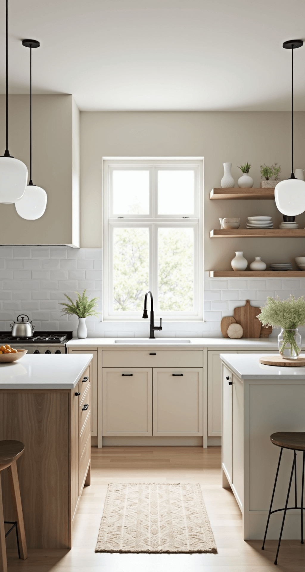 Cream Kitchen Cabinets: Your Warm and Versatile Design Sanctuary Scandinavian-inspired kitchen with cream slab-front cabinets, pale ash wood open shelving, white quartz counters, and a minimalist window, featuring frosted glass pendant lights and curated neutral-toned pottery.