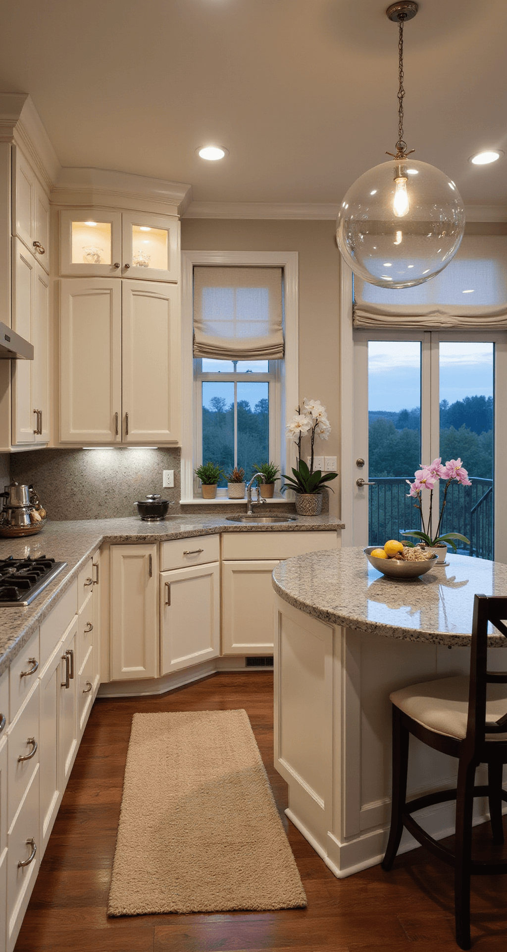 Cream Kitchen Cabinets: Your Warm and Versatile Design Sanctuary Transitional kitchen featuring cream inset cabinets with polished nickel hardware, gray-veined quartz countertops, and a smoky mirror tile backsplash, illuminated by dusk lighting and a modern glass globe chandelier. The rounded island includes curved seating, while mixed metallic accents and organic touches like potted orchids enhance the ambiance. An angled view highlights the connection to the dining area with dramatic evening lighting and subtle cabinet uplighting.