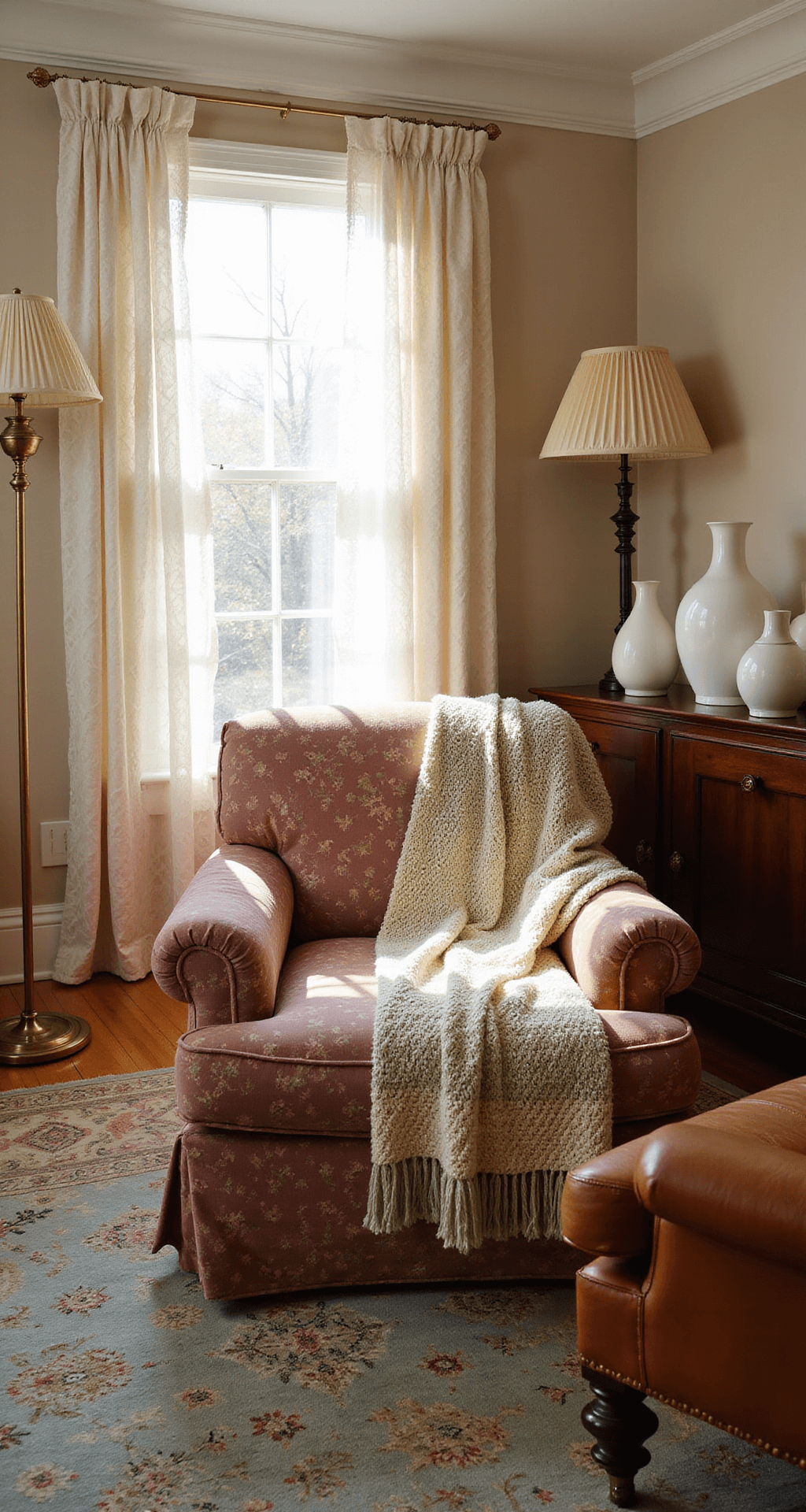 Granny Chic Decor: Unleash the Cozy Vintage Charm in Your Home Sunlit living room with plush dusty rose velvet sofa, hand-crocheted afghan, vintage brass floor lamp, weathered leather armchair, muted Persian rug over sisal, lace curtains, and a collection of milk glass vases on a walnut sideboard, captured in warm golden hour light.