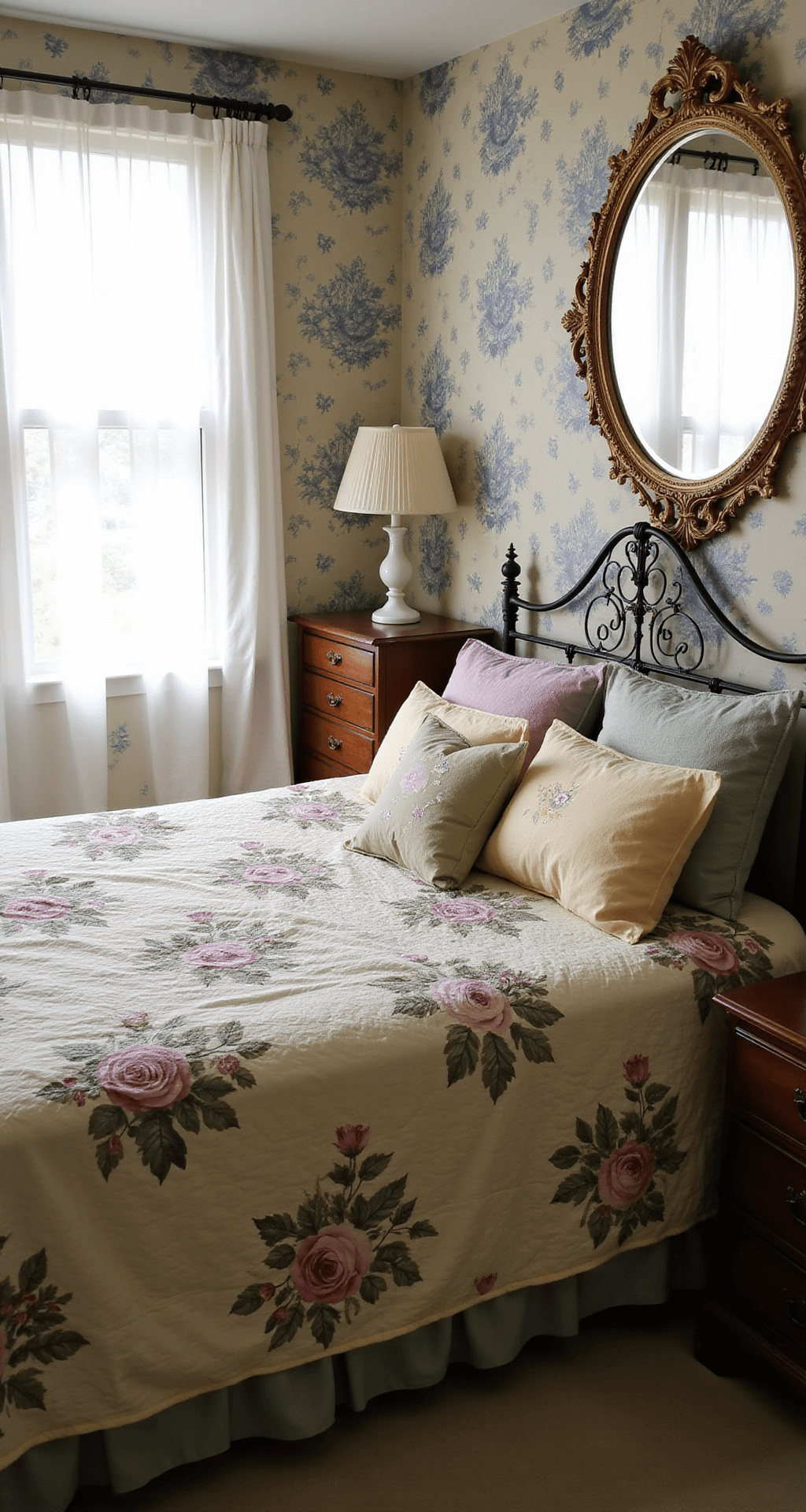 Granny Chic Decor: Unleash the Cozy Vintage Charm in Your Home Cozy bedroom featuring a queen bed with an iron headboard and vintage quilted bedspread, adorned with mismatched floral pillows, a Victorian nightstand with a milk glass lamp, and a wallpapered accent wall in blue toile, all illuminated by soft morning light.