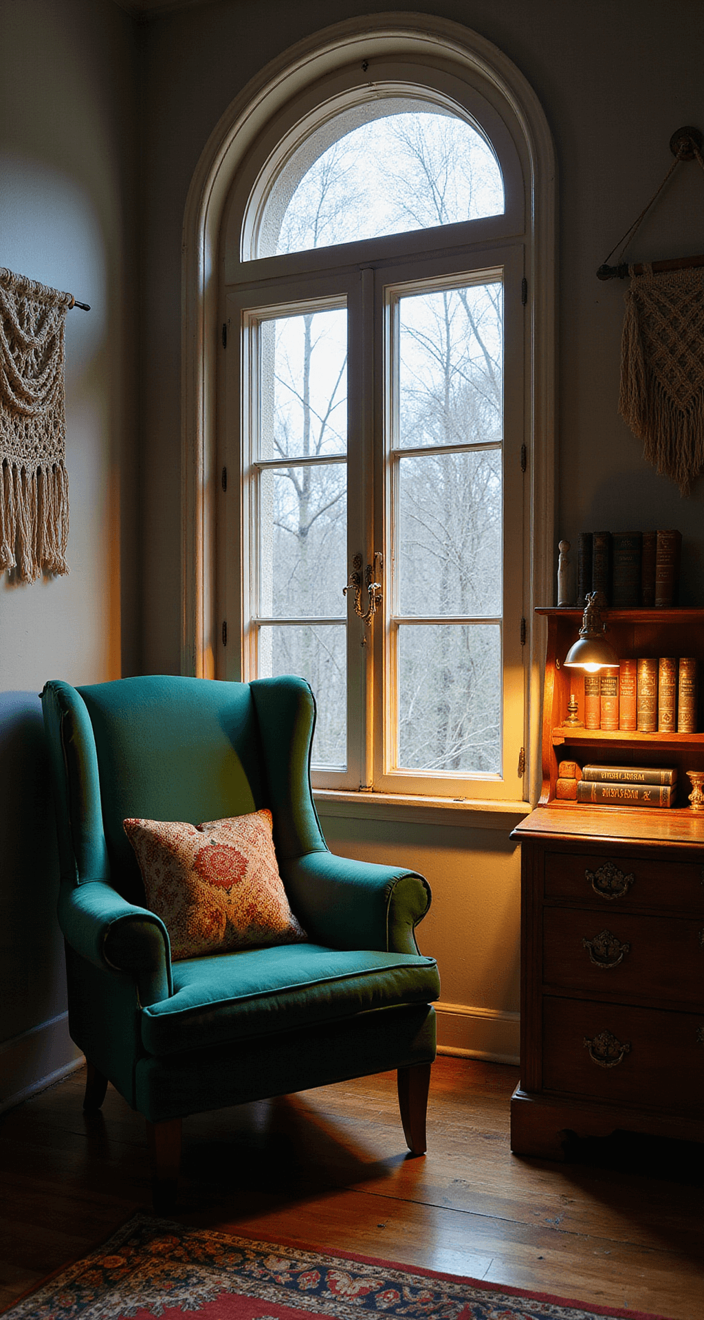 Granny Chic Decor: Unleash the Cozy Vintage Charm in Your Home Intimate reading nook featuring an emerald green velvet wingback chair under an arched window with cream lace panels, illuminated by a brass pharmacy lamp. A distressed wooden side table holds vintage hardcover books, and a hand-knotted Turkish runner in jewel tones adorns the floor. An antique secretary desk with a macramé wall hanging is visible, captured from a low angle during blue hour.