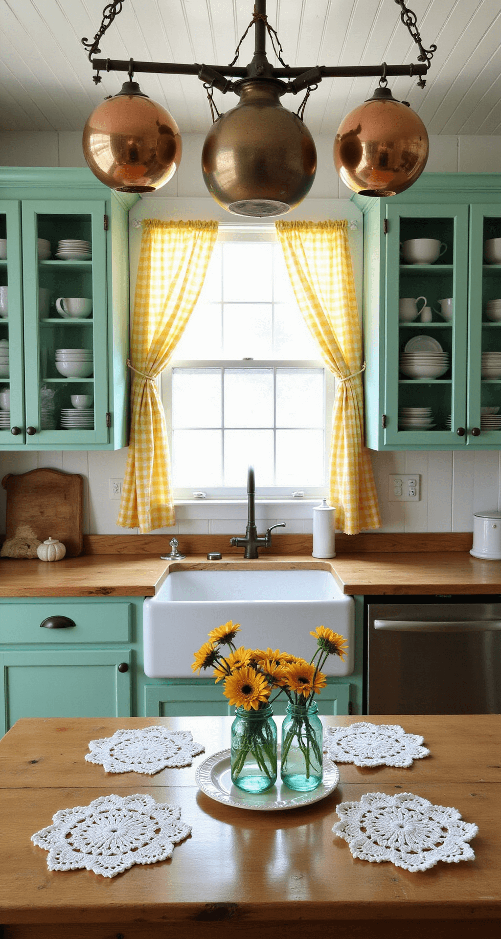 Granny Chic Decor: Unleash the Cozy Vintage Charm in Your Home A cozy farmhouse kitchen featuring a vintage mint green Hoosier cabinet filled with jadeite dishware, butter yellow gingham curtains above a porcelain farmhouse sink, a weathered wooden table adorned with crocheted doilies and mason jar flower arrangements, and copper pots hanging from a ceiling rack, all bathed in soft mid-morning natural light.
