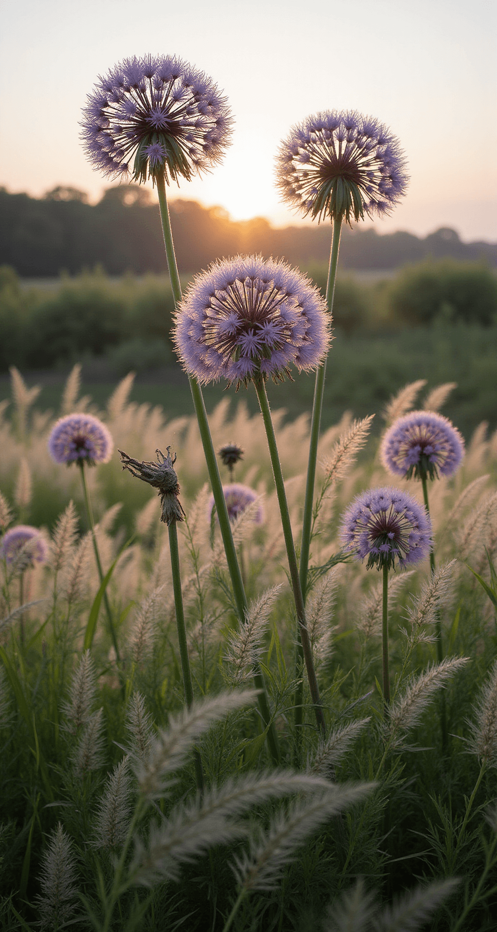 Alliums: The Globe-Shaped Garden Stars That Will Transform Your Landscape Early morning garden scene featuring tall Globemaster alliums with silvery-violet spheres illuminated by low-angle light, surrounded by feathery ornamental grasses and wispy Stipa tenuissima in the foreground, capturing layered depth from ground to sky.