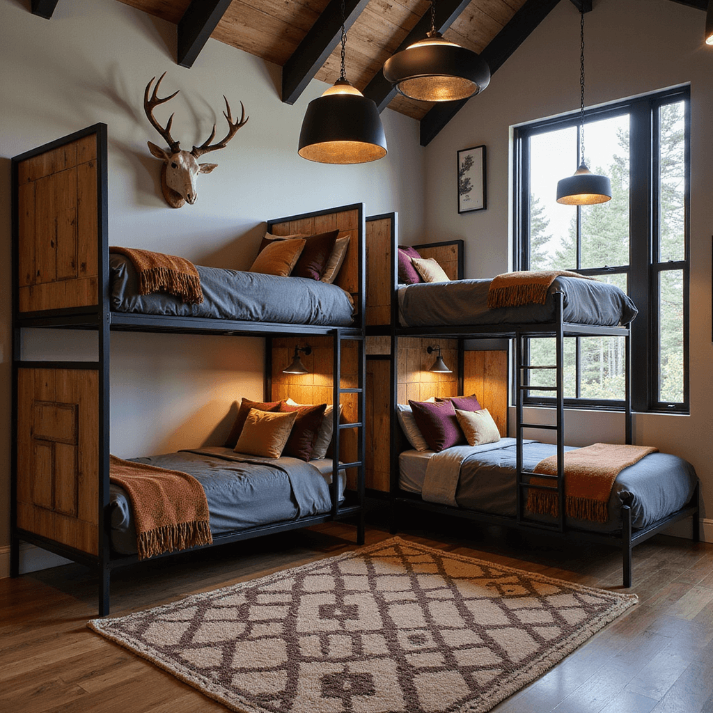 Grandkids Bunk Room: Creating the Ultimate Sleepover Haven Interior view of a modern mountain lodge bunk room, featuring a 16x20ft cathedral ceiling with floor-to-ceiling windows, built-in black metal frame bunks, warm wood accents, geometric pattern privacy screens, charcoal grey bedding, and oversized black pendant lights, all set against a backdrop of earthy tones and modern mountain artwork.
