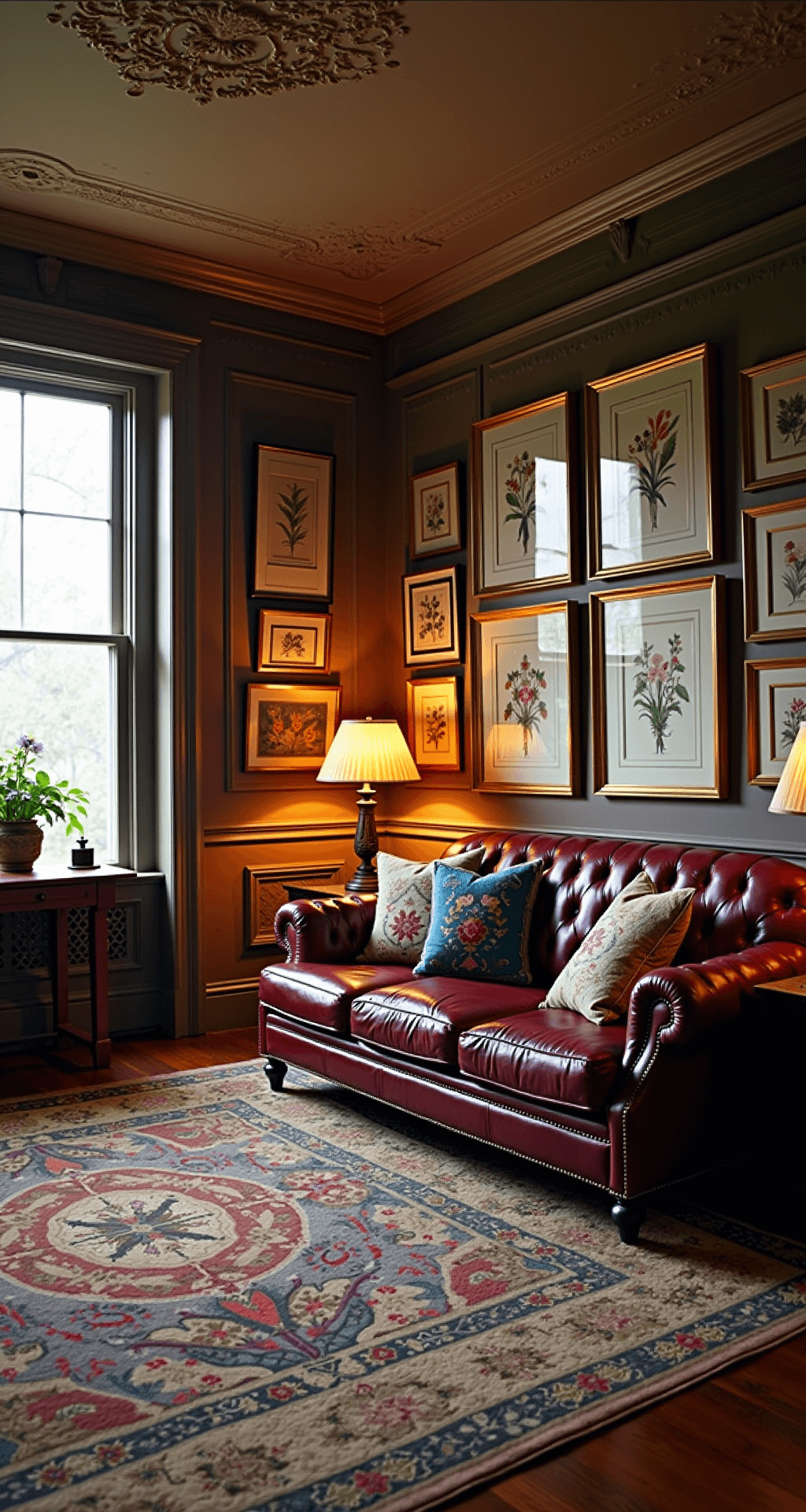Granny Chic Living Room: Revive Vintage Charm with Modern Flair A spacious Victorian-style parlor with ornate ceiling medallions, dusk lighting from antique lamps, a burgundy leather chesterfield sofa adorned with quilts and pillows, and a gallery wall of vintage botanical prints in gold frames, all showcasing rich jewel tones and aged materials.
