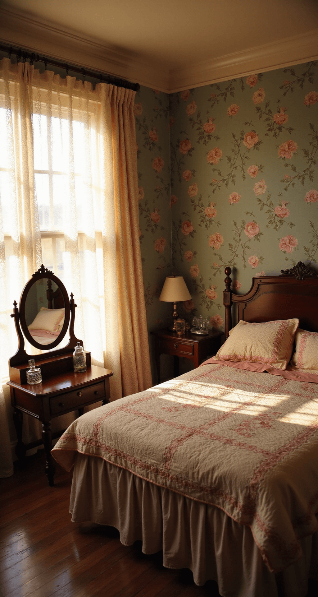 Granny Chic Bedroom: Creating a Cozy Nostalgic Sanctuary A sunlit 14x16ft bedroom with 10ft ceilings, featuring a carved mahogany headboard with layered vintage quilts, a Victorian vanity with crystal perfume bottles, and floral wallpaper in muted teals and pinks, all illuminated by golden hour light through lace curtains.