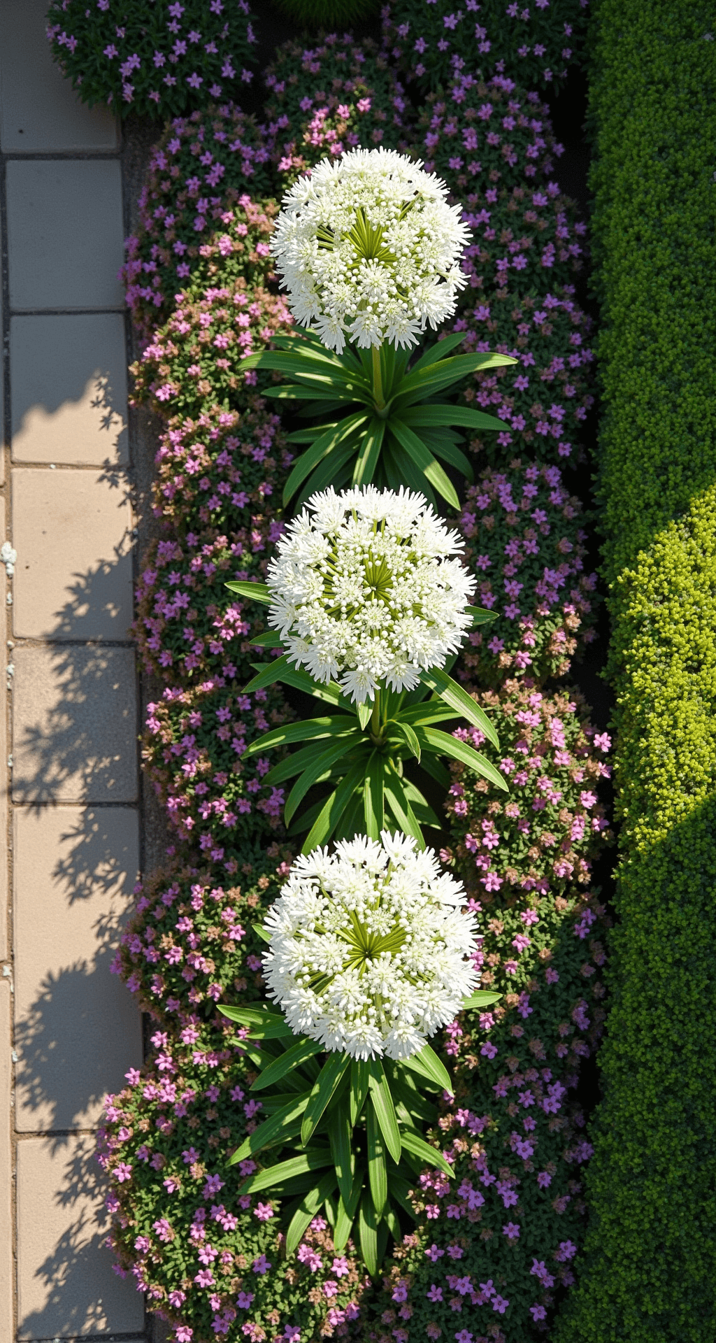 Alliums: The Globe-Shaped Garden Stars That Will Transform Your Landscape Overhead view of a formal cottage garden featuring geometric flower beds with white Mount Everest alliums, surrounded by purple salvias and coral geums, casting sharp shadows and showcasing the garden's architectural layout.