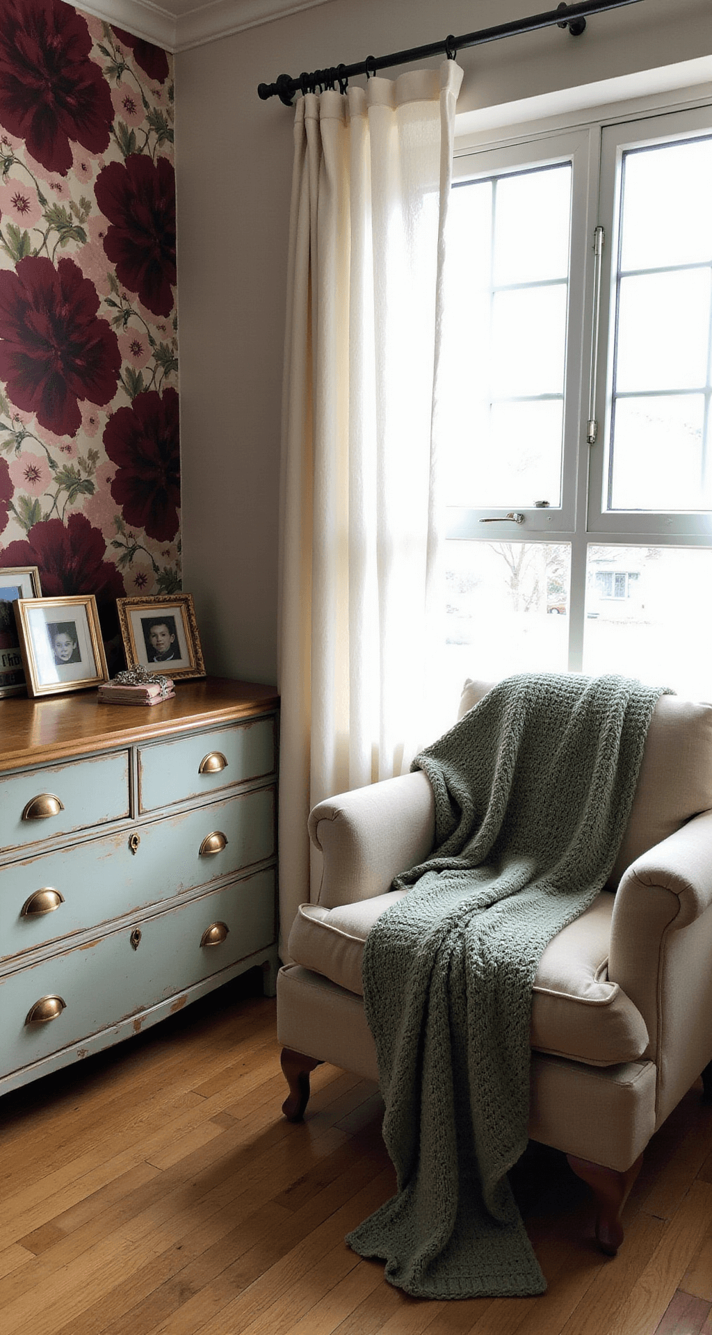 Granny Chic Bedroom: Creating a Cozy Nostalgic Sanctuary Cozy 12x12ft bedroom nook with early light filtering through sheer curtains onto a weathered wooden dresser adorned with family photos in brass frames. A sage green crochet throw drapes across an upholstered armchair. The room features prominent floral wallpaper with oversized burgundy and blush blooms, captured in a wide-angle shot at eye level with natural lighting highlighting textile textures.
