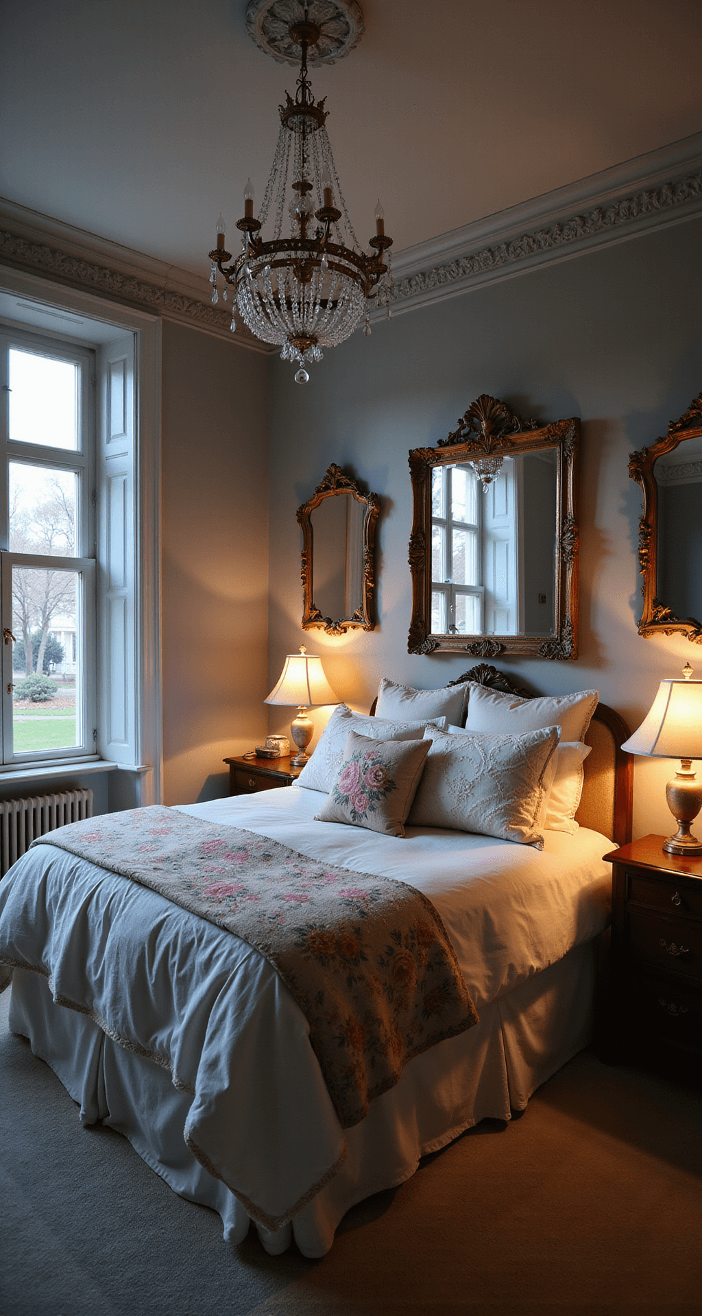 Granny Chic Bedroom: Creating a Cozy Nostalgic Sanctuary Dramatic dusk scene of a spacious master bedroom featuring bay windows, a Victorian bed frame adorned with embroidered linens and vintage quilts, and a crystal chandelier casting shadows on soft gray walls, all captured from an elevated perspective.