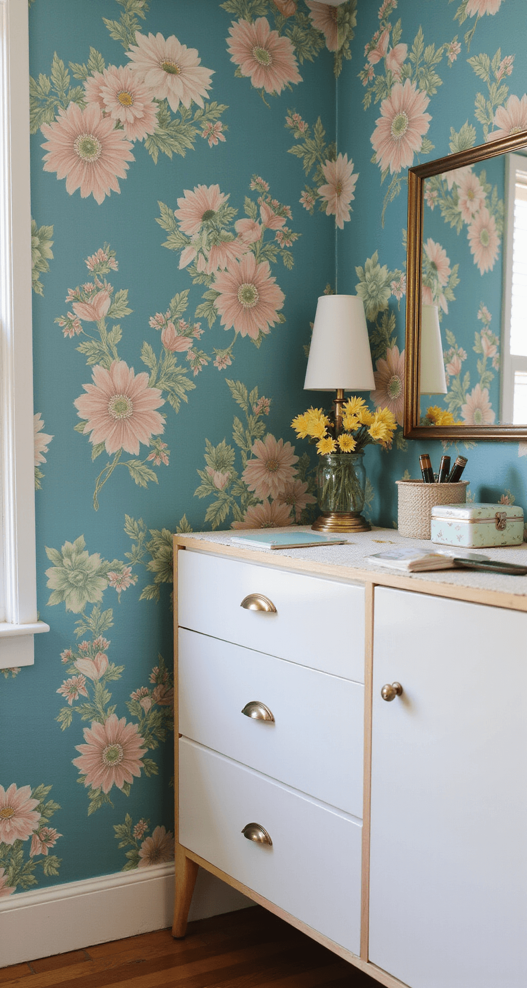Granny Chic Bedroom: Creating a Cozy Nostalgic Sanctuary Bright corner vignette of a 15x15ft bedroom featuring original hardwood floors, a modern dresser with vintage accessories like porcelain trinket boxes and silver-backed brushes, against a large-scale floral wallpaper in teal and blush, illuminated by morning light that highlights the textures and details.