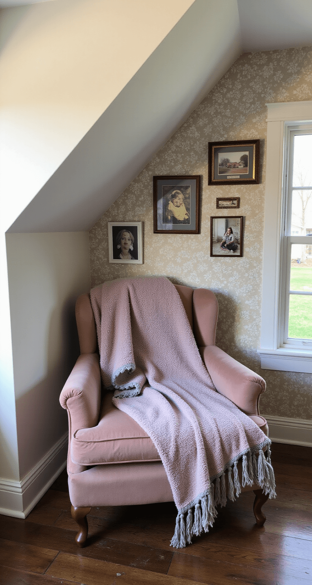 Granny Chic Bedroom: Creating a Cozy Nostalgic Sanctuary Cozy reading corner in a bedroom featuring a vintage velvet armchair with handmade afghans, a gallery wall of family photos, and a floral accent wall, highlighted by soft afternoon light from a low angle.
