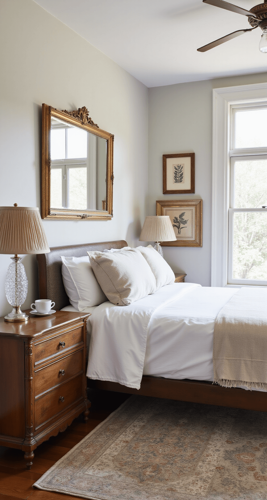 Granny Chic Bedroom: Creating a Cozy Nostalgic Sanctuary A bright bedroom scene featuring a modern platform bed and antique side tables, illuminated by morning light streaming through original casement windows. The space includes crystal table lamps with pleated shades, layered vintage rugs in muted tones, and an oversized gilded mirror. Contemporary art blends with vintage botanical prints, showcased in a wide shot that emphasizes the room's flow and natural lighting.