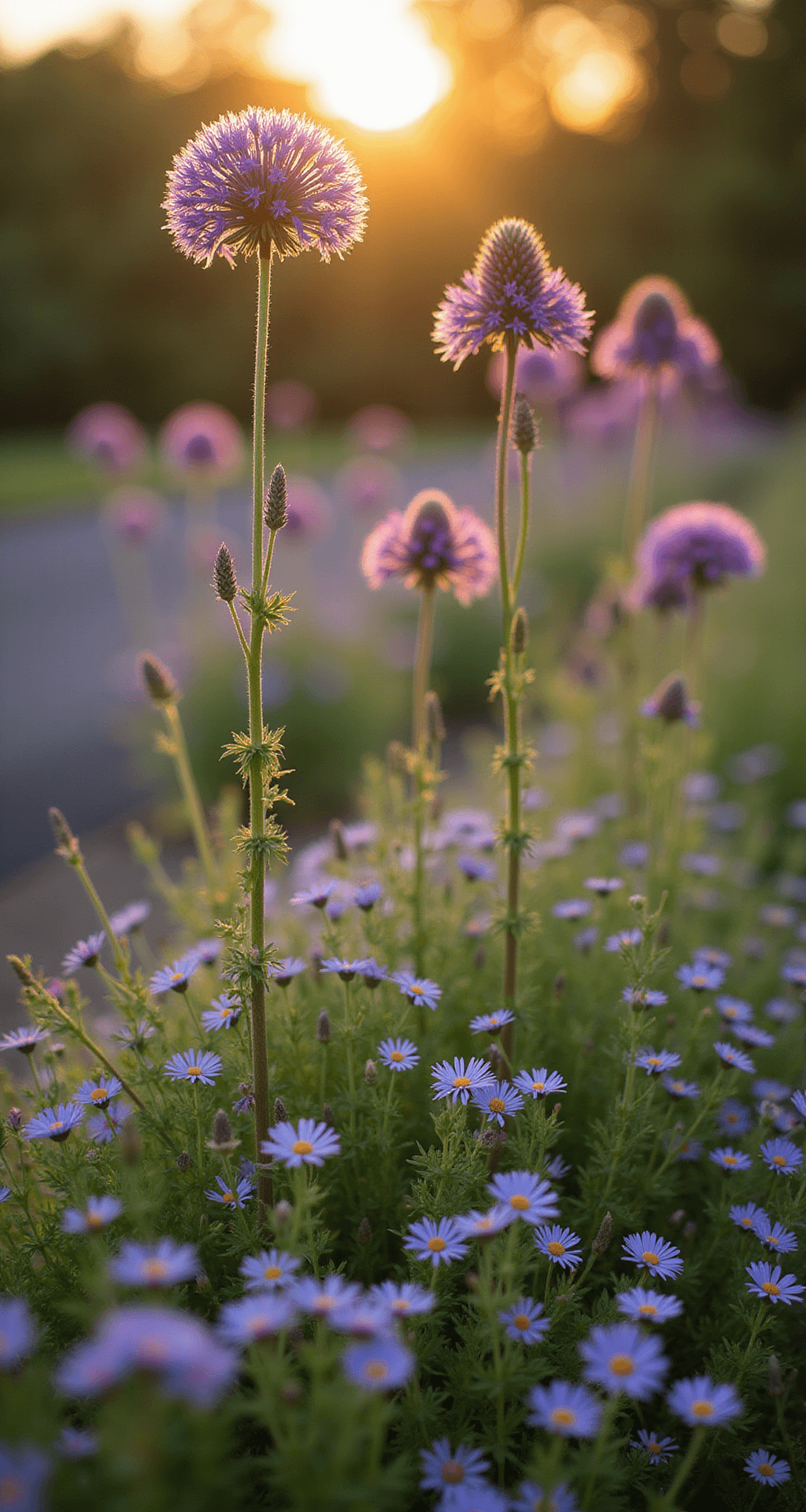 Alliums: The Globe-Shaped Garden Stars That Will Transform Your Landscape Close-up view of drumstick alliums with elongated purple heads above speedwell and lavender, bathed in warm golden light during late afternoon, highlighting textures against a naturalistic border.