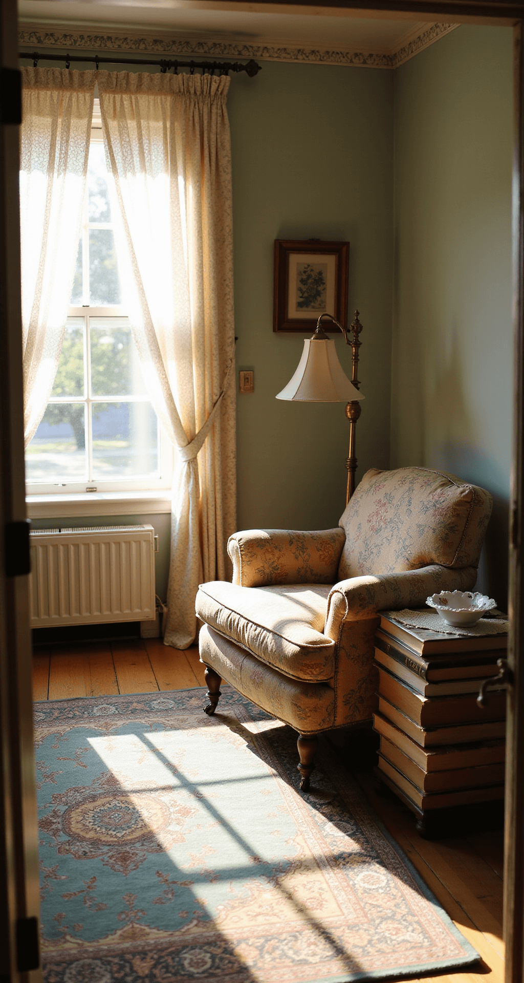 Granny Chic Decor: Turning Vintage Nostalgia into Modern Home Magic A warm, sunlit living room featuring vintage decor, including a floral armchair, brass floor lamp, and antique books as a side table, with soft lace curtains and a Persian rug highlighting the cozy atmosphere during golden hour.