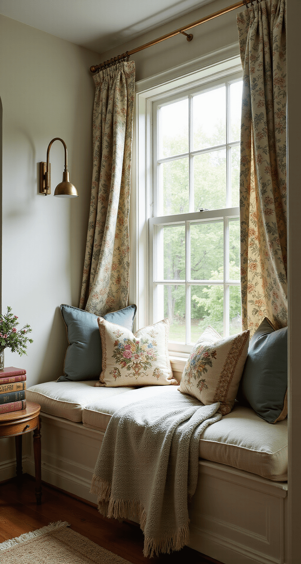 Granny Chic Decor: Turning Vintage Nostalgia into Modern Home Magic A cozy reading nook with a bay window and built-in seating, adorned with handmade quilts and floral pillows, while afternoon light streams through botanical curtains. A brass wall sconce illuminates a weathered oak side table with vintage books.