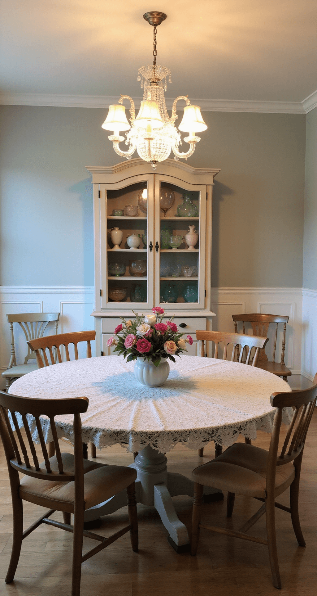 Granny Chic Decor: Turning Vintage Nostalgia into Modern Home Magic Welcoming dining room featuring wainscoting, crystal chandelier, and a round pedestal table with a vintage lace tablecloth, surrounded by mismatched pastel-painted chairs. A china cabinet displays depression glass in soft pinks and greens, captured in natural light with an emphasis on the table setting and overhead lighting from a low camera angle.