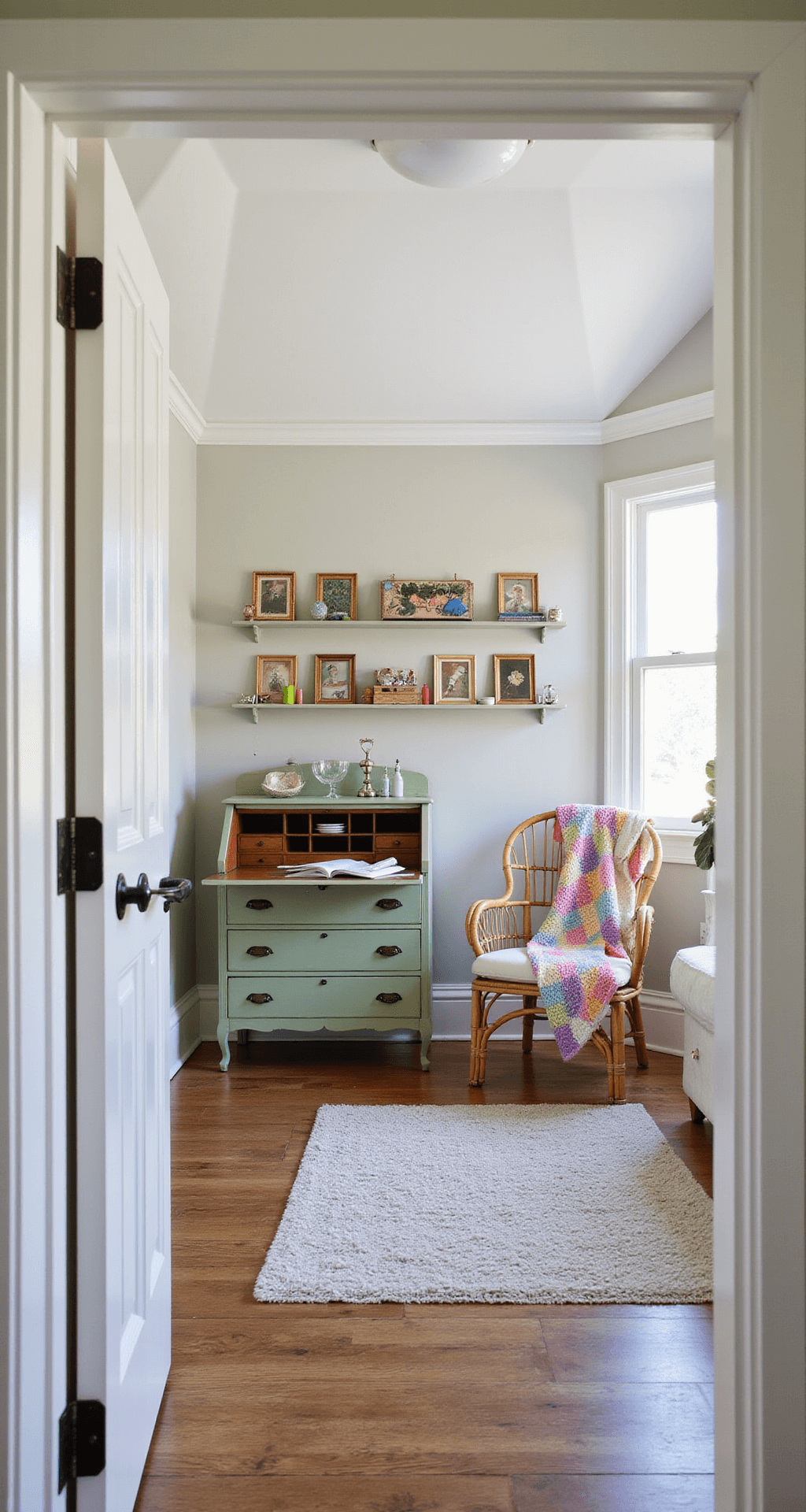 Granny Chic Decor: Turning Vintage Nostalgia into Modern Home Magic A serene craft room featuring dormer windows and painted floorboards, showcasing an antique sage green secretary desk filled with sewing notions, wall-mounted shelves displaying vintage thread spools in rainbow colors, a rattan peacock chair adorned with a pastel handmade afghan, captured with natural light from the doorway.