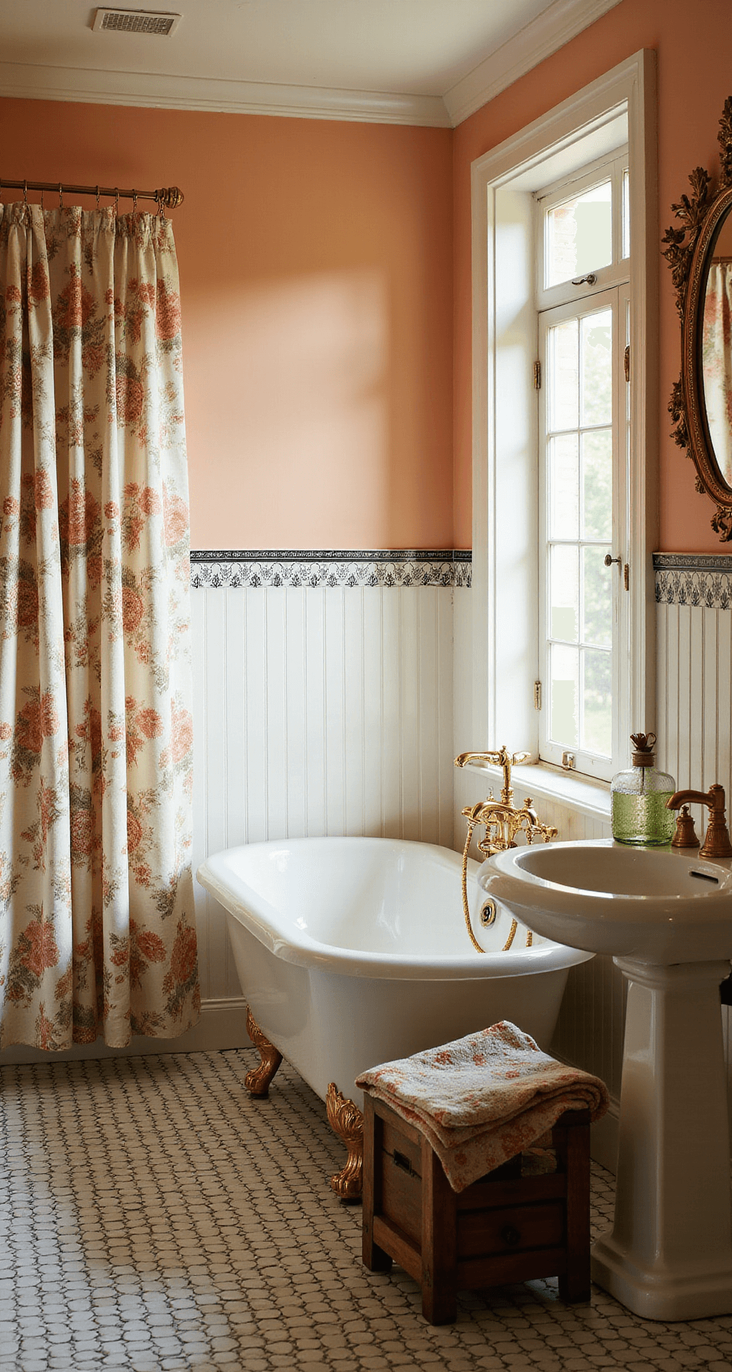 Granny Chic Bathroom: Your Ultimate Vintage Revival Guide A vintage bathroom featuring soft peach walls and white beadboard wainscoting, with an ornate black and white penny tile crown. A central claw-foot tub draped with a ruffled floral shower curtain in muted rose and sage, complemented by gleaming brass fixtures. An elaborate gilt mirror reflects golden hour natural light from a frosted window, while vintage glass perfume bottles and hand-embroidered linens rest on a weathered wooden stool, all captured with a shallow depth of field to highlight textural details.