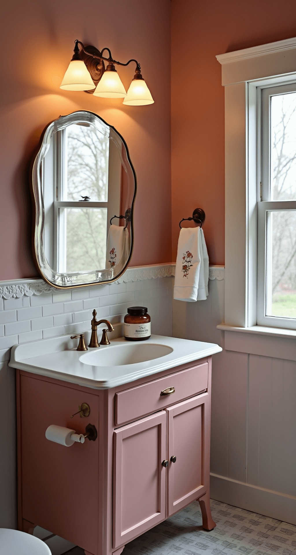 Granny Chic Bathroom: Your Ultimate Vintage Revival Guide Wide-angle view of a 7x9ft bathroom at dusk, featuring dusty rose walls, original pink fixtures, and white subway tiles. The retro vanity with brass handles is adorned with vintage apothecary jars, while wall sconces cast soft light over embroidered linens and delicate porcelain trinket dishes.