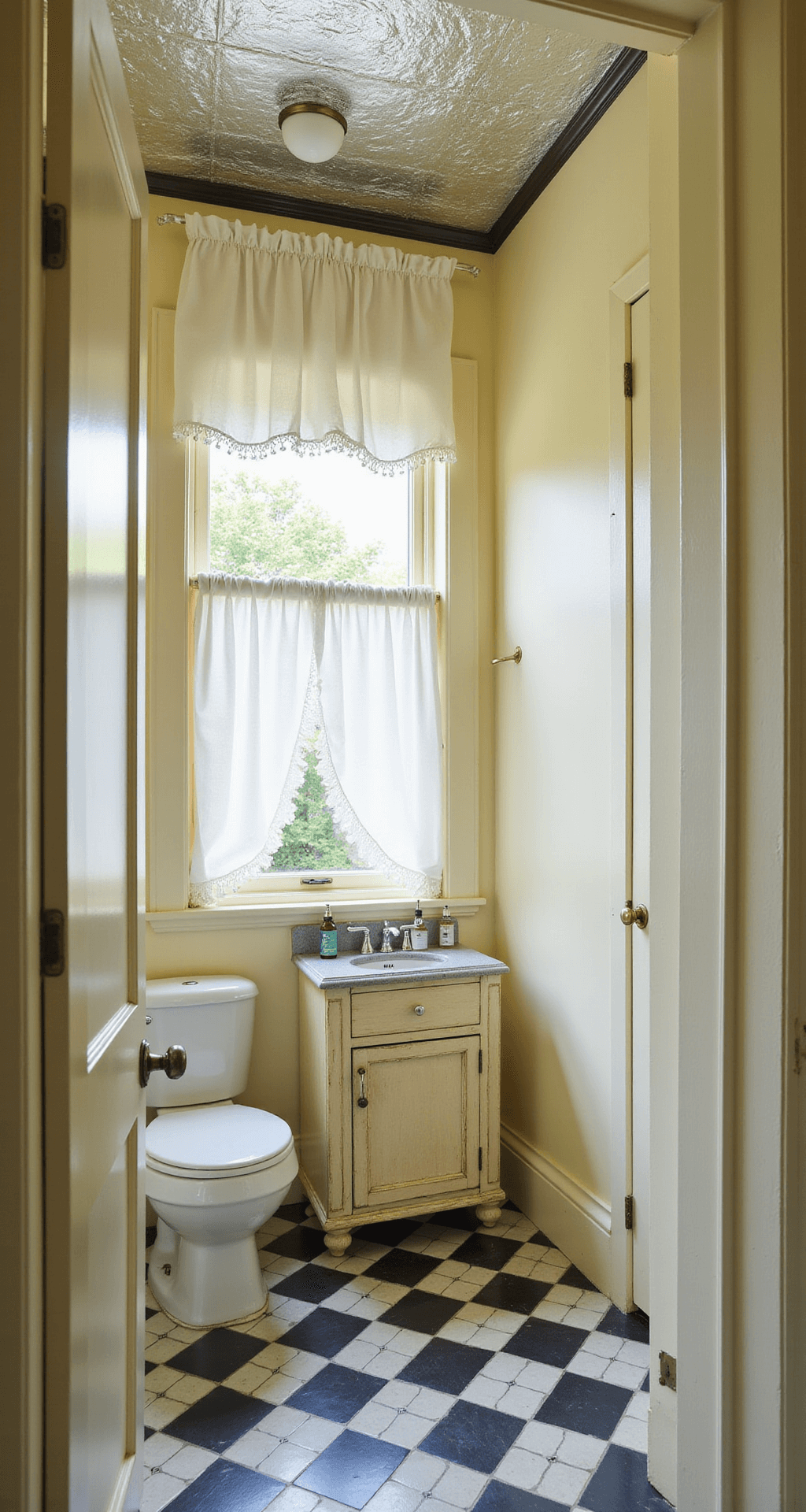 Granny Chic Bathroom: Your Ultimate Vintage Revival Guide Bird's eye view of a 5x7ft guest bathroom featuring black and white checkerboard floor tiles, pale yellow walls, a pressed tin ceiling, a distressed cream vanity with vintage cosmetic bottles, ruffled white curtains framing a garden view window, and crystal doorknobs with silver-plated accessories, all illuminated by overhead softbox lighting.