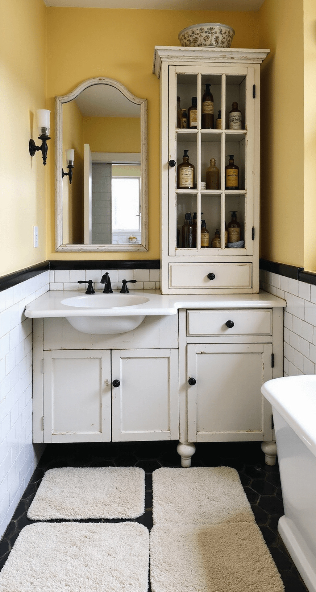 Granny Chic Bathroom: Your Ultimate Vintage Revival Guide A bright midday bathroom featuring butter yellow walls, white subway tiles with black accents, and a salvaged medicine cabinet with a beveled mirror reflecting light. Vintage cotton bath mats sit atop hexagonal floor tiles, and glass shelves display amber apothecary bottles and pressed powder compacts, all illuminated by soft fill light.