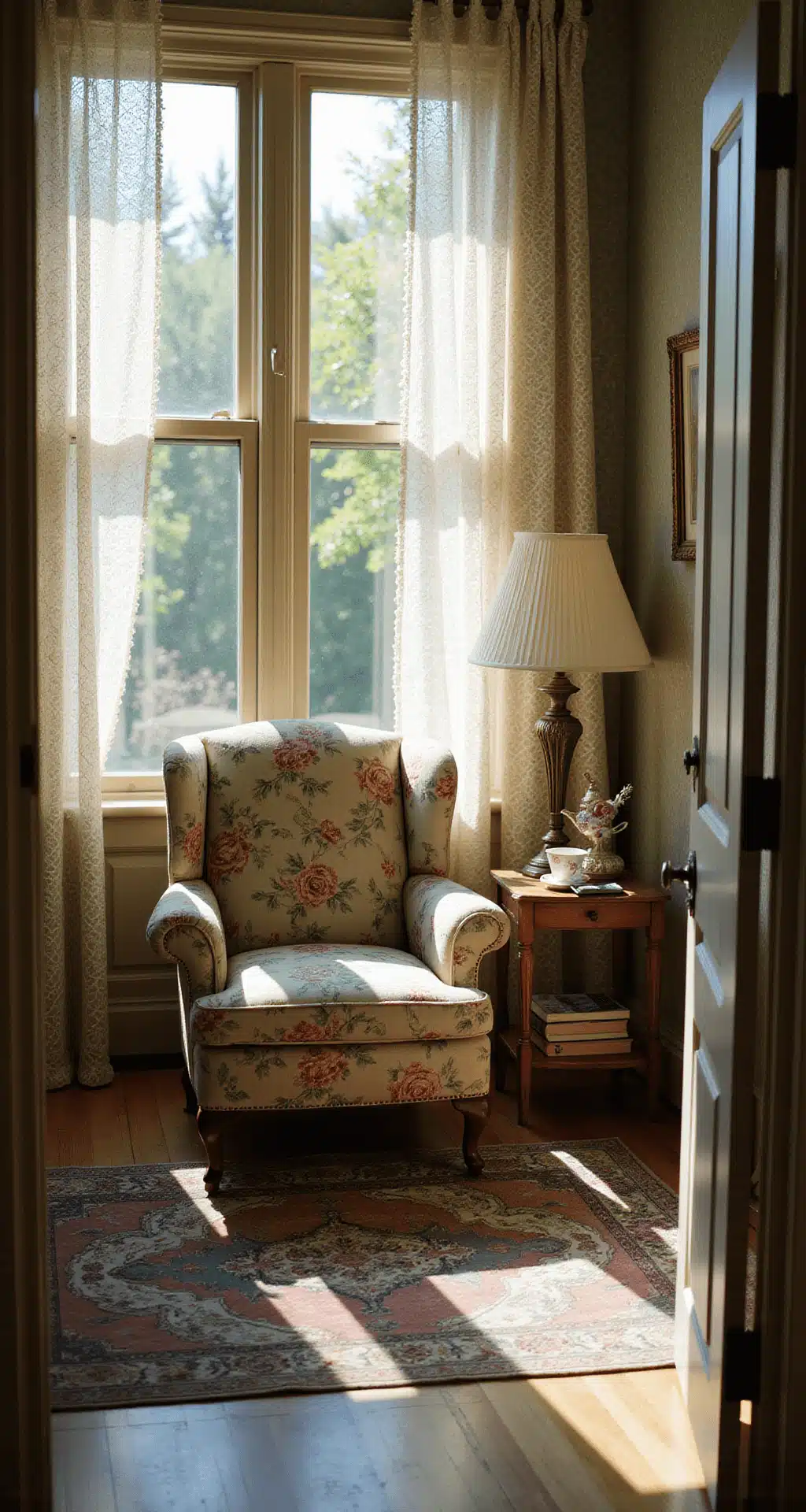 Creating a Granny Chic Living Room: Your Cozy Time Machine of Design A sunlit living room with a rose-patterned wingback chair, brass floor lamp, and Persian rug, featuring vintage decor and ornate wallpaper, captured from a low angle.