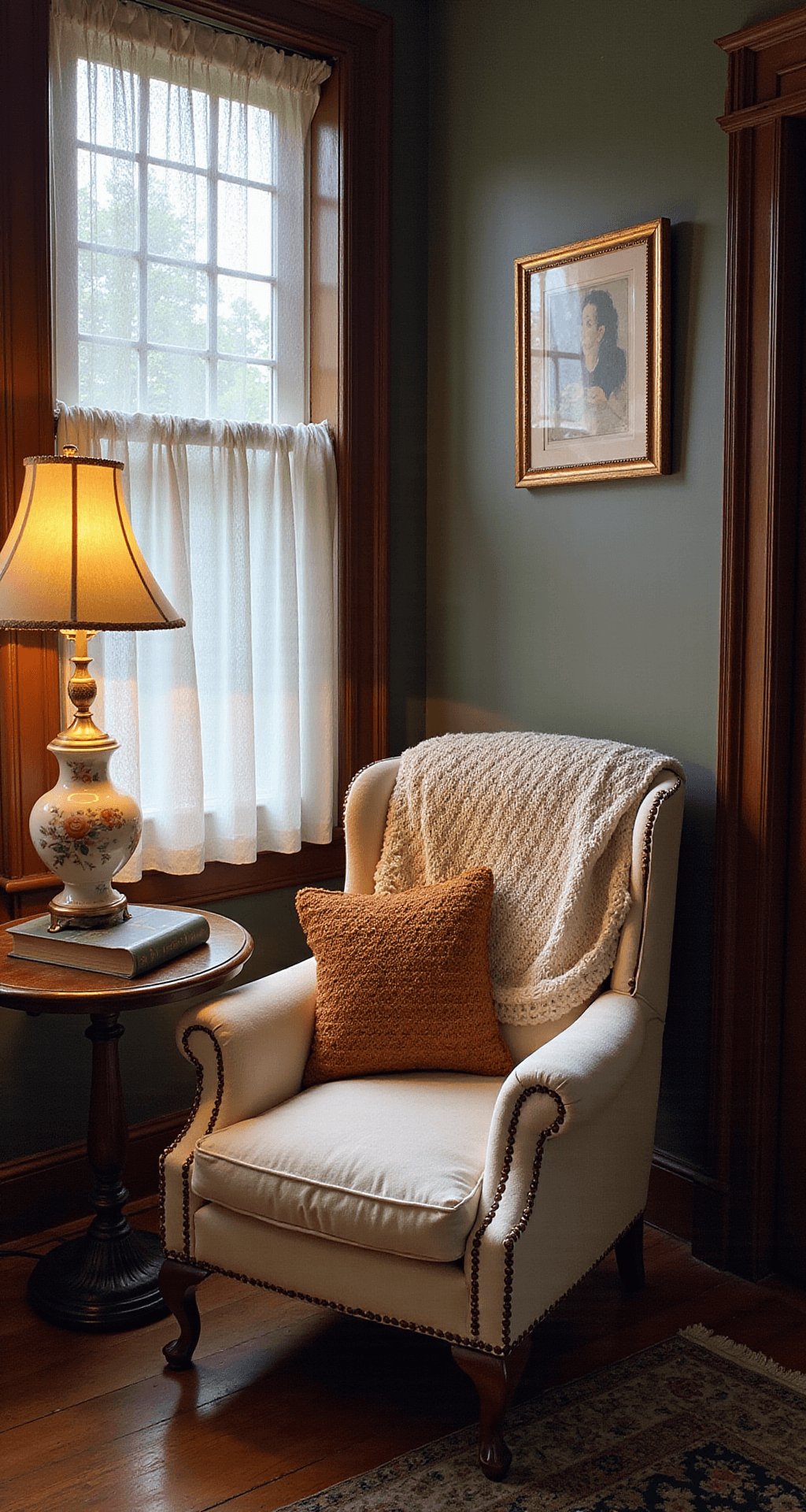 Creating a Granny Chic Living Room: Your Cozy Time Machine of Design A cozy Victorian-style reading nook featuring an oversized cream armchair draped with a colorful hand-knitted afghan, surrounded by built-in shelves and illuminated by soft morning light filtering through sheer curtains. A brass-rimmed side table with vintage books and a porcelain lamp adds charm against deep jewel-toned walls.