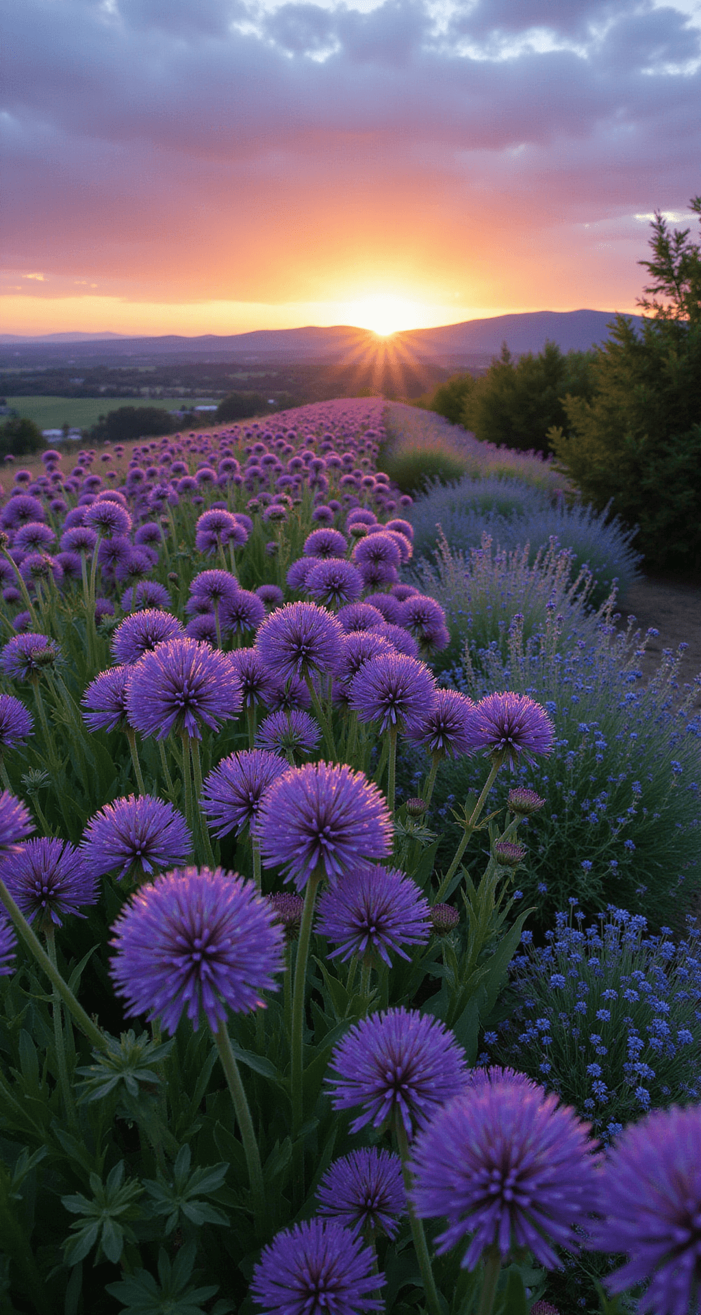 Alliums: The Globe-Shaped Garden Stars That Will Transform Your Landscape Wide panoramic view of a sunset-lit back border featuring layers of alliums glowing like purple lanterns, with calamintha creating a silver mist at their base, captured with a 24mm wide angle lens.