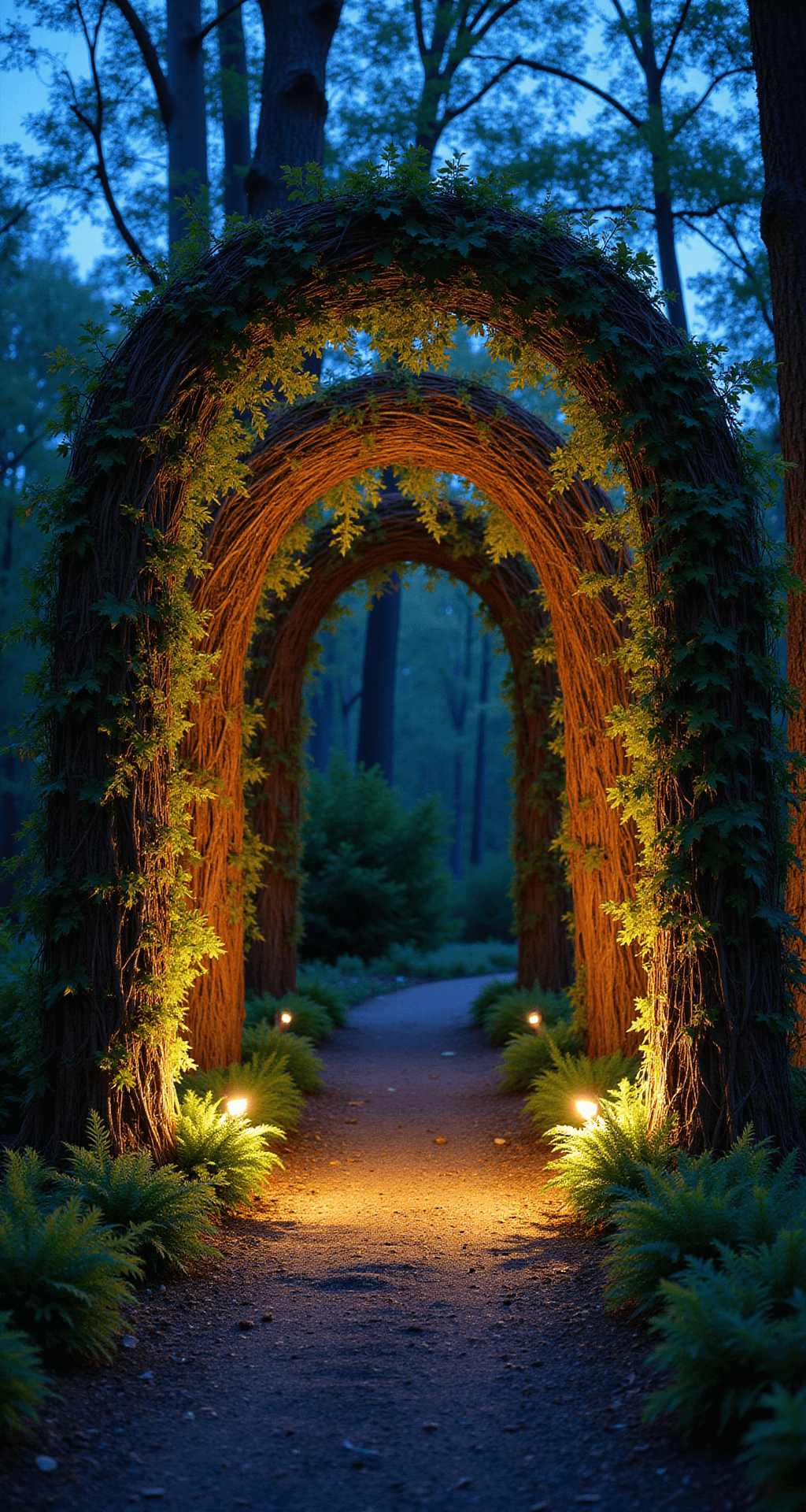Garden Arches: Transform Your Outdoor Space into a Magical Retreat Dramatic twilight tunnel formed by four willow arches, illuminated by warm LED lights, with morning glory vines weaving through. A mulched path lined with native ferns leads through the archway, creating a mystical woodland atmosphere in deep greens and blues.
