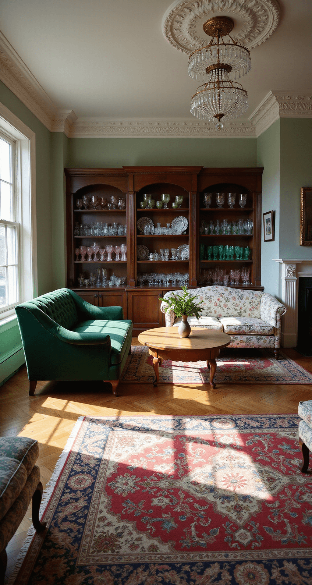 Creating a Granny Chic Living Room: Your Cozy Time Machine of Design An expansive living space features original crown molding and herringbone hardwood floors, illuminated by mid-morning light casting dramatic shadows. The centerpiece showcases mismatched vintage sofas, including a velvet emerald green chesterfield and a floral chintz loveseat. A crystal chandelier creates prismatic patterns, while collected Depression glass pieces in pink and green catch the light on mahogany shelves. The elevated shot highlights layered rugs and strategic furniture groupings, with the camera set at f/5.6 to emphasize texture and pattern interplay.