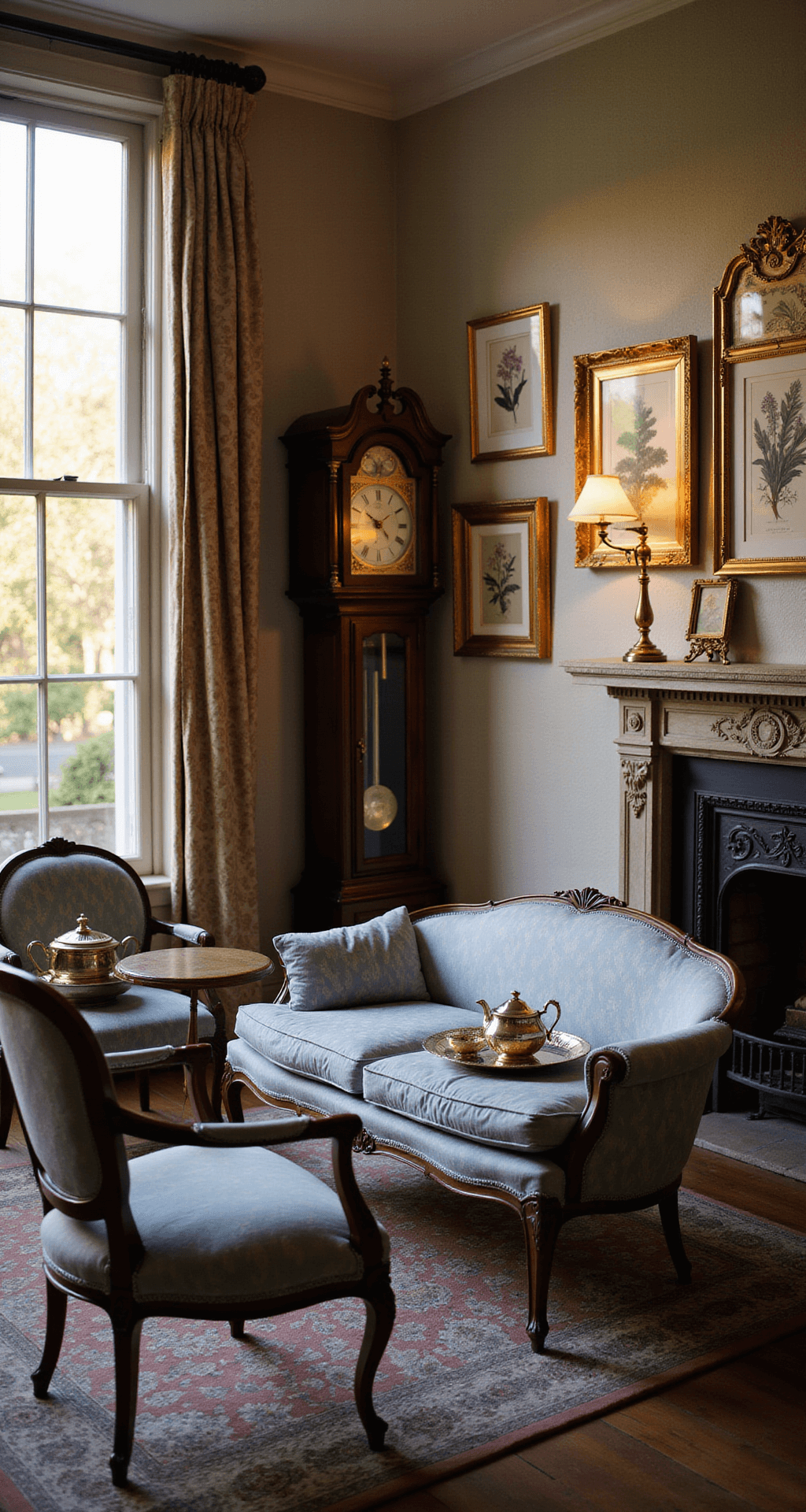 Creating a Granny Chic Living Room: Your Cozy Time Machine of Design A cozy sitting room with floor-to-ceiling windows and an original fireplace, illuminated by golden hour light. The space features a grandfather clock in dark walnut, a gallery wall of vintage botanical prints in ornate frames, and a curved-back settee in powder blue damask facing matching armchairs around a tea table with silver service, all set against silk damask wallpaper. The image emphasizes a symmetrical arrangement in a romantic mood.