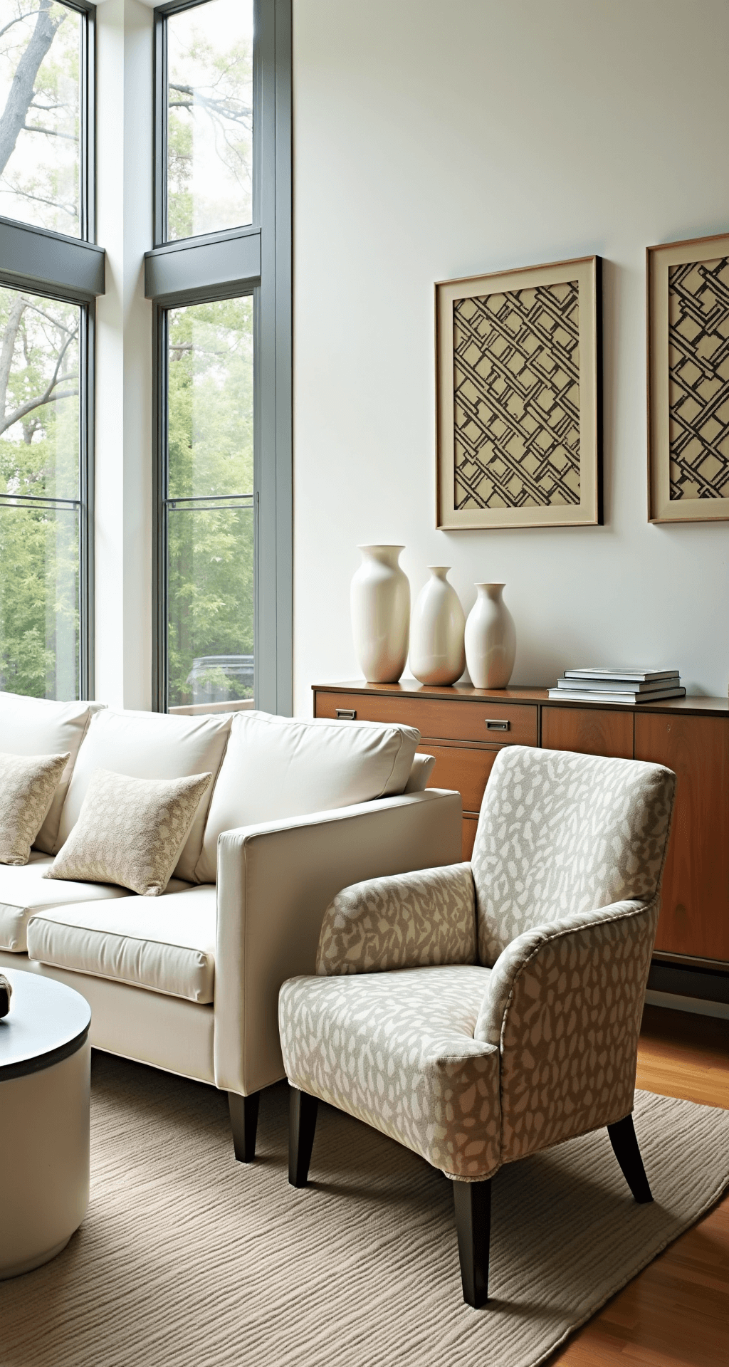 Creating a Granny Chic Living Room: Your Cozy Time Machine of Design Bright contemporary living space featuring a white sofa and reupholstered bergère chairs with geometric patterns, illuminated by midday sunlight through steel-framed windows; vintage quilts adorn the wall above a modern credenza, with milk glass vases creating striking silhouettes, all captured in a clean documentary style.