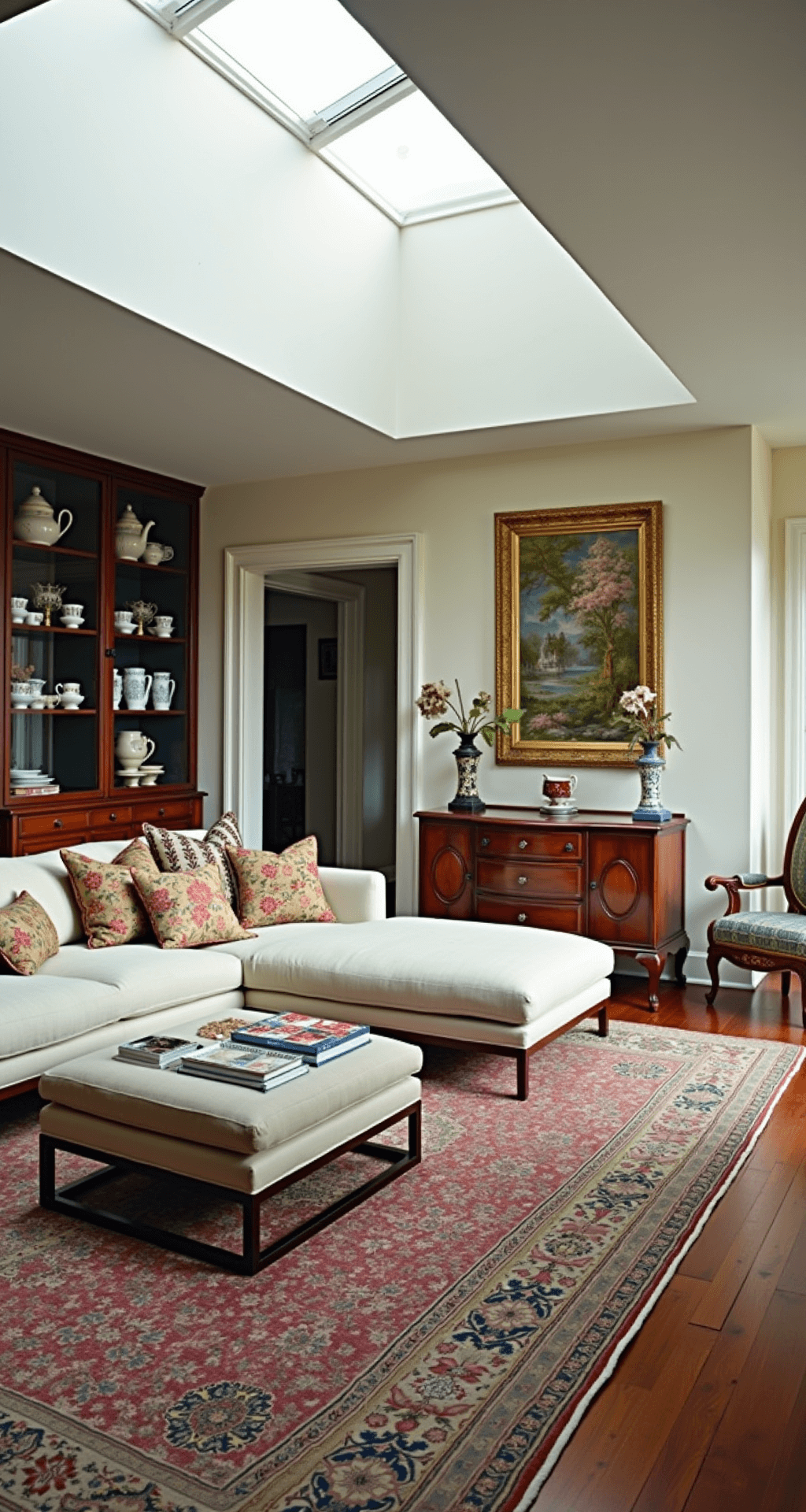 Creating a Granny Chic Living Room: Your Cozy Time Machine of Design A spacious open-concept great room with archival displays features natural light from a skylight, highlighting a modern sectional sofa adorned with vintage needlepoint pillows, while glass-front cabinets showcase a curated collection of antique teacups and crystal, all set against layered vintage Persian runners over sisal carpeting.