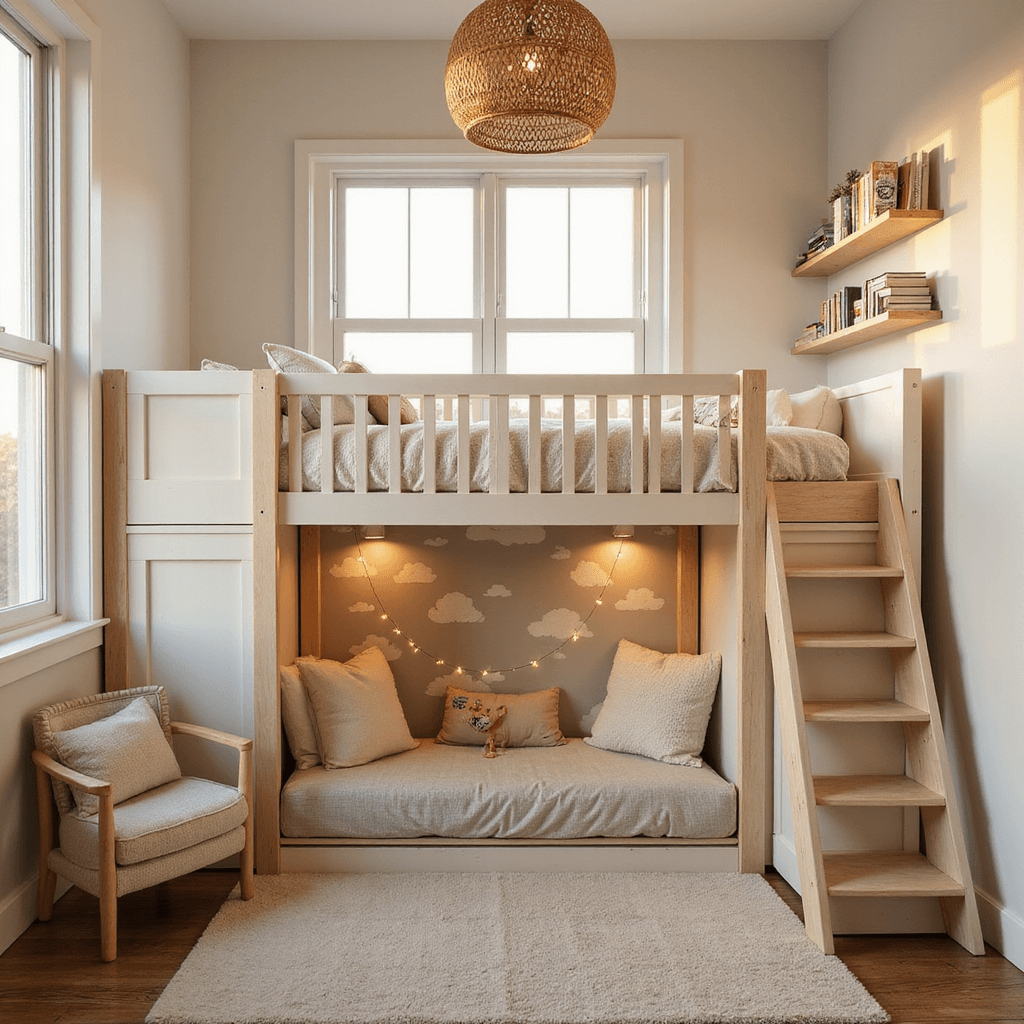 Small Toddler Bedroom Ideas: Creating Magic in Tiny Spaces A cozy toddler bedroom with soft cream walls and a cloud wallpaper accent wall, featuring a natural wood loft bed with white railings, a reading nook adorned with twinkle lights, and playful floating shelves displaying books and toys, beautifully lit by golden hour sunlight and a rattan pendant lamp.