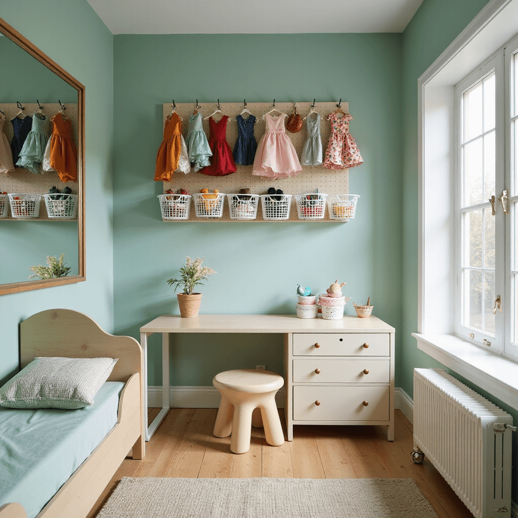Small Toddler Bedroom Ideas: Creating Magic in Tiny Spaces A cozy toddler room featuring a mint green murphy-style desk, dress-up costumes on a pegboard, white metal storage baskets with colorful toys, a convertible pale wooden toddler bed with built-in drawers, and a large mirror reflecting natural light, all illuminated by mid-morning light.