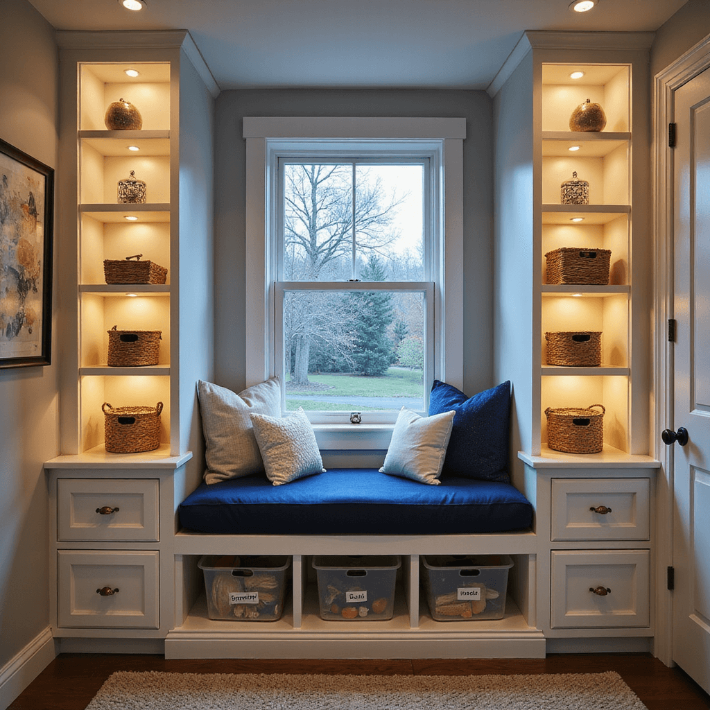 Small Toddler Bedroom Ideas: Creating Magic in Tiny Spaces A cozy toddler sanctuary with navy blue cushions on a custom window seat, warm LED lighting, floor-to-ceiling white bookcases filled with woven baskets, and labeled bins under a raised bed, photographed at dusk from a high corner angle.