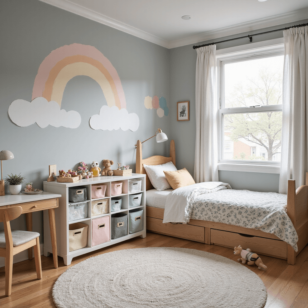 Small Toddler Bedroom Ideas: Creating Magic in Tiny Spaces A whimsical toddler room featuring a hand-painted pastel rainbow mural, soft grey walls, a modular storage system with colorful fabric bins, and Scandinavian-style furniture, captured in soft morning light at child's eye level.