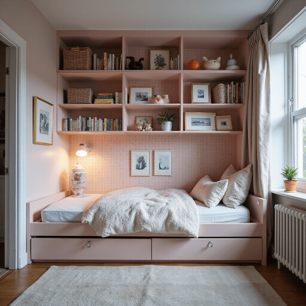 Small Toddler Bedroom Ideas: Creating Magic in Tiny Spaces A cozy toddler bedroom measuring 8x12ft, captured during blue hour with soft blush pink pegboard walls displaying books and toys, featuring a multifunctional daybed with trundle storage, and dramatic shadows highlighting architectural details.