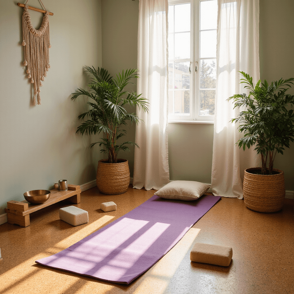 Your Ultimate Guide to Creating a Zen Yoga Space at Home: Transform Any Room into a Personal Sanctuary A serene bedroom corner transformed into a yoga sanctuary, featuring a purple Manduka mat on a premium cork floor, bamboo yoga blocks, a meditation cushion, and a brass singing bowl, all bathed in golden hour sunlight filtering through sheer curtains.