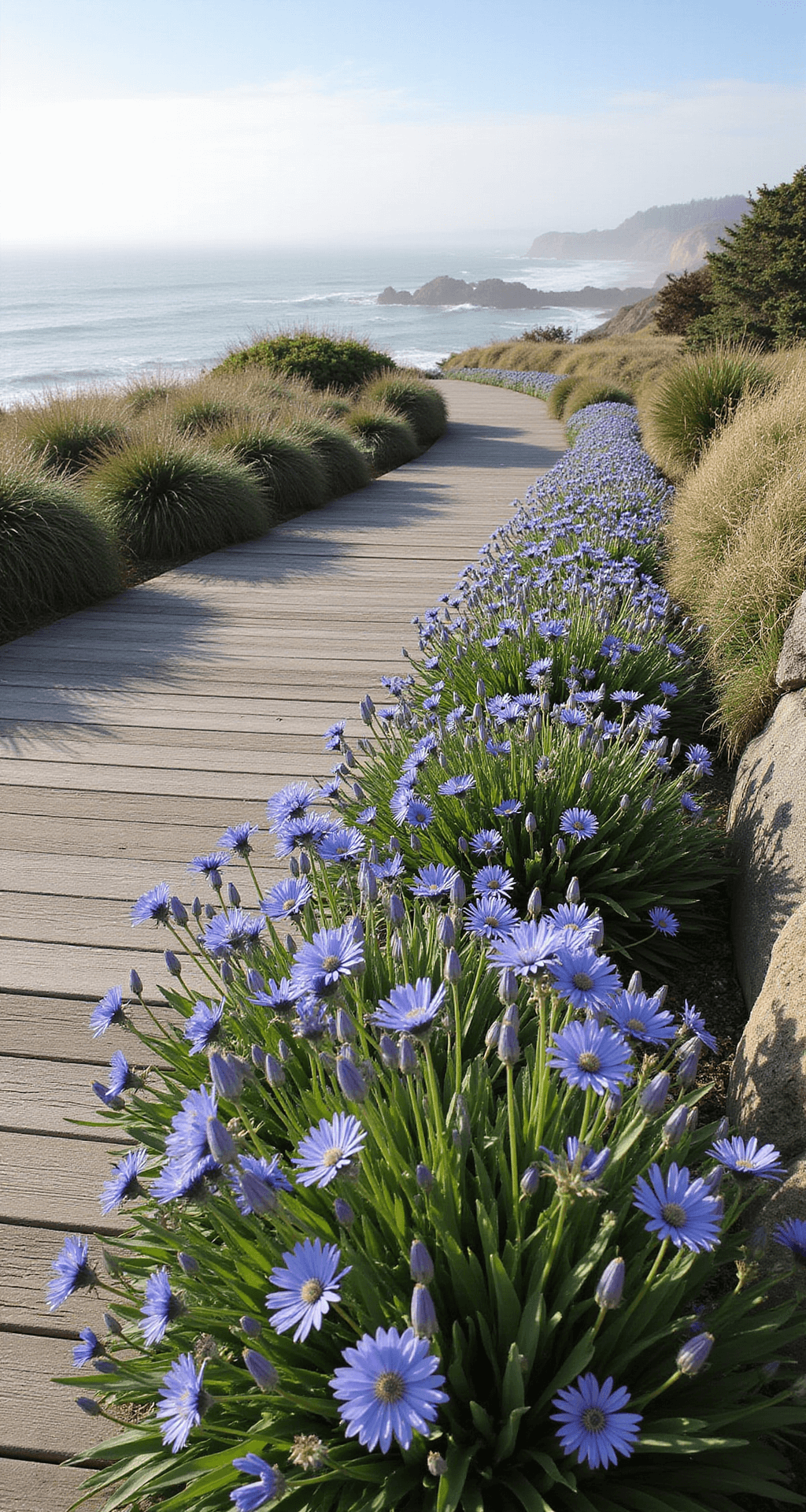 Agapanthus: Transform Your Garden with the Stunning Lily of the Nile A panoramic view of a coastal garden at midday featuring Ever Sapphire™ agapanthus and ornamental grasses along a 40ft oceanfront border, with a weathered cedar deck and a natural stone wall, captured from an elevated position against the hazy ocean horizon.