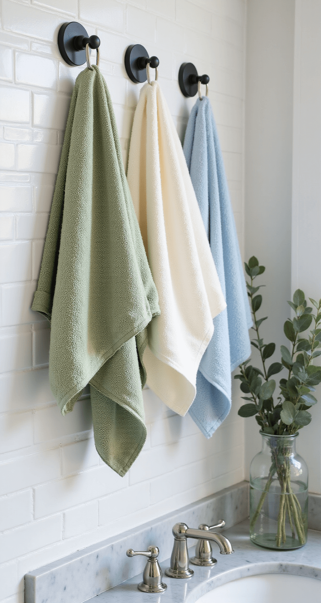 Creative Bathroom Towel Rack Ideas: Transform Your Space with Style and Function A modern bathroom featuring floor-to-ceiling windows, white subway-tiled walls with vertical matte black towel rings, and three Turkish cotton towels in sage, cream, and dusty blue. A marble vanity displays eucalyptus stems in a clear glass vase, illuminated by natural light reflecting off chrome fixtures. The image is shot from a corner angle, highlighting the towel arrangement with a blurred background.