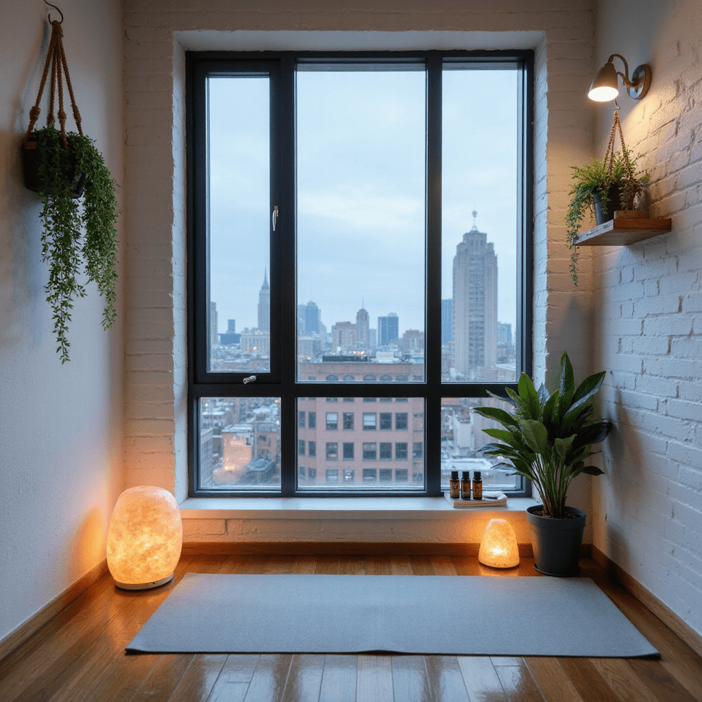 Your Ultimate Guide to Creating a Zen Yoga Space at Home: Transform Any Room into a Personal Sanctuary Compact urban apartment alcove with large window showcasing a defocused city skyline at blue hour, featuring a light gray yoga mat on hardwood flooring, framed by warm pools of light from Himalayan salt lamps. Minimalist white shelf displays essential oils and incense, while two Boston ferns hang from macramé. The room features a neutral palette with blush accents, white brick wall, and an adjustable sconce, shot straight-on to highlight vertical space.
