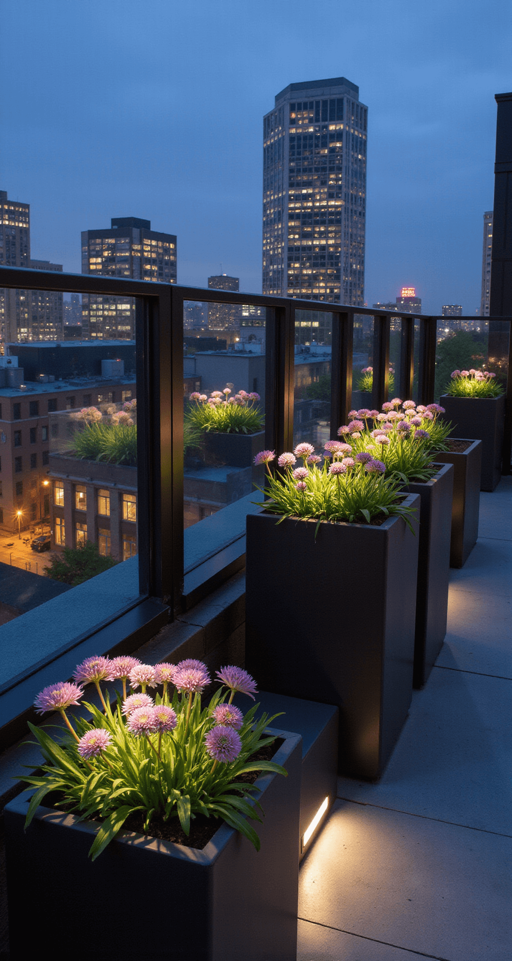 Agapanthus: Transform Your Garden with the Stunning Lily of the Nile Urban rooftop container garden at twilight with oversized charcoal planters filled with 'Peter Pan' agapanthus, dramatic LED uplighting on blossoms, polished concrete reflecting city lights, and a glass balustrade maintaining skyline views.