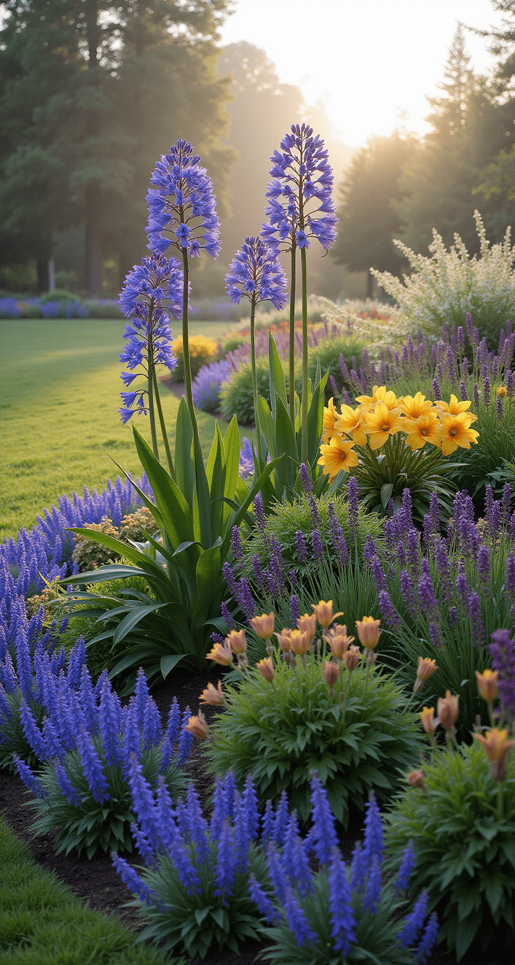 Agapanthus: Transform Your Garden with the Stunning Lily of the Nile A 25ft curved perennial bed in early morning light features tall agapanthus, deep purple salvia, and golden daylilies, with morning mist creating an ethereal feel and a shallow depth of field highlighting the layered planting design.