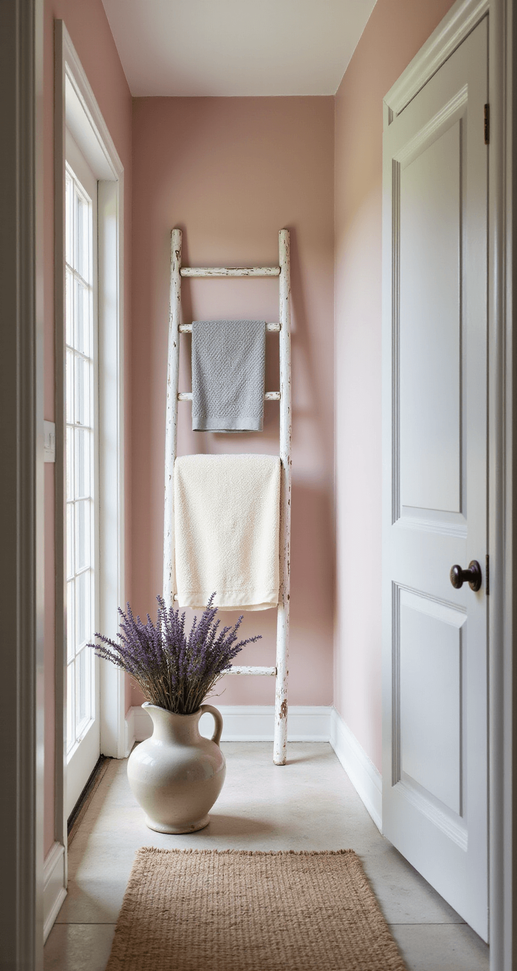 Creative Bathroom Towel Rack Ideas: Transform Your Space with Style and Function A spacious farmhouse bathroom featuring a blush pink wall with a vintage whitewashed ladder displaying cream and gray waffle-texture towels. A vintage ceramic pitcher with dried lavender sits at the base, all illuminated by soft morning light in a wide-angle shot from the doorway.