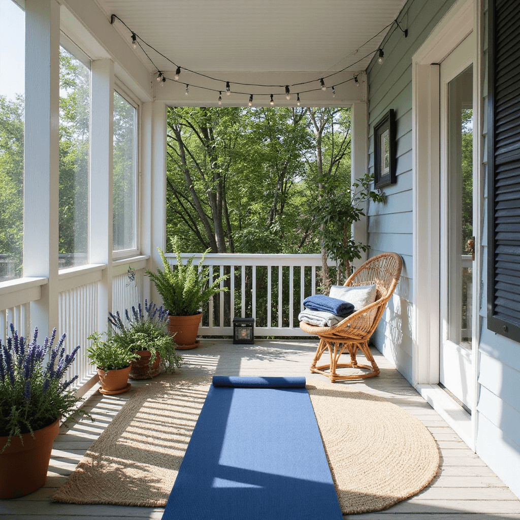 Your Ultimate Guide to Creating a Zen Yoga Space at Home: Transform Any Room into a Personal Sanctuary Sun-drenched porch nook transformed into a yoga space, featuring a whitewashed wooden deck, jute rug, deep indigo mat, potted lavender and eucalyptus plants, rattan chair with rolled blankets, and hanging string lights, captured in morning light from an elevated angle.