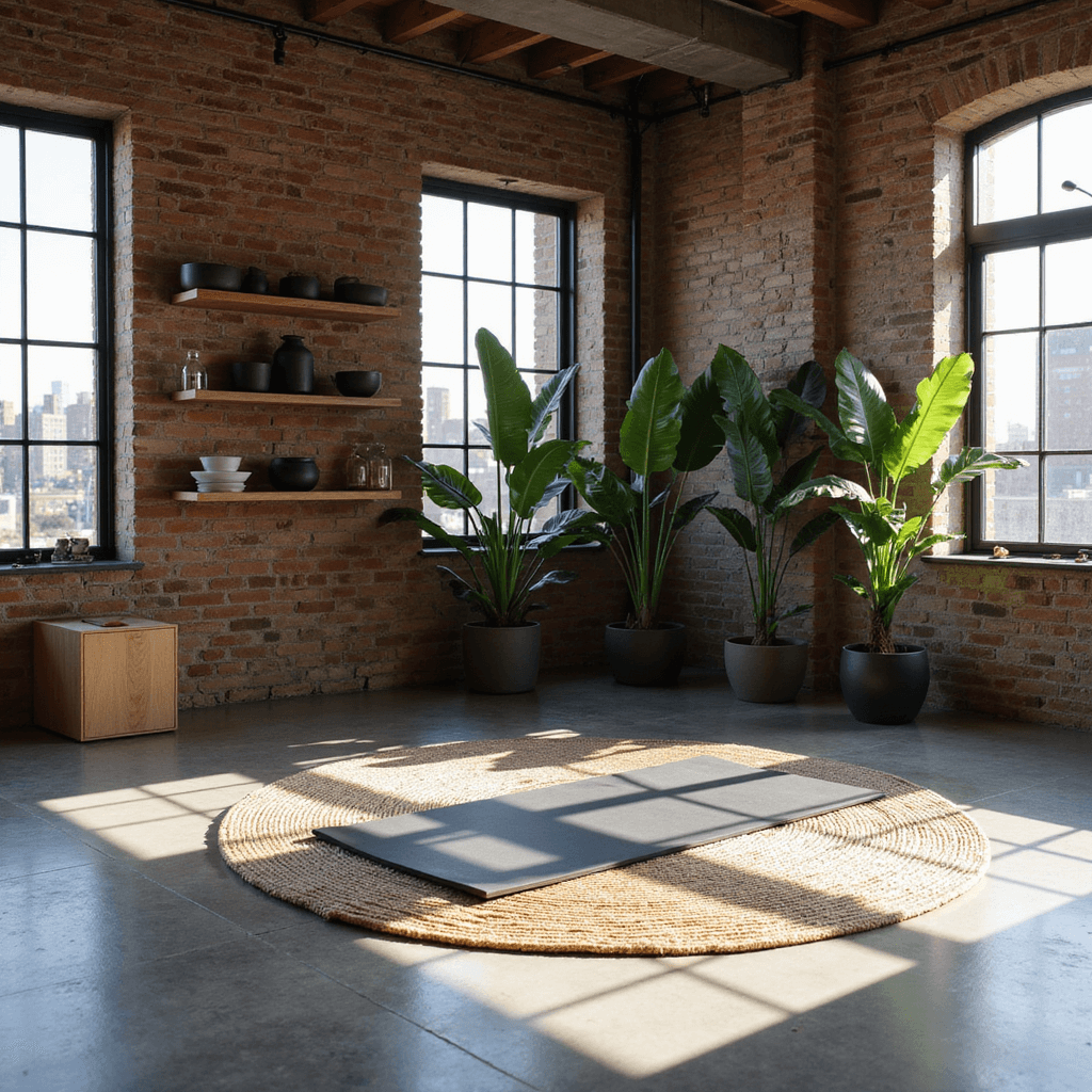 Your Ultimate Guide to Creating a Zen Yoga Space at Home: Transform Any Room into a Personal Sanctuary A modern loft space featuring an exposed brick wall and industrial windows, with afternoon shadows on a polished concrete floor. A premium charcoal yoga mat is centered on an oversized jute rug, surrounded by three large monstera plants providing privacy. Floating wooden shelves display minimalist props and ceramics, while an iron floor lamp offers ambient lighting. The color palette includes warm grays, rustic browns, and matte blacks, captured in a wide-angle shot from a corner to emphasize height and space.