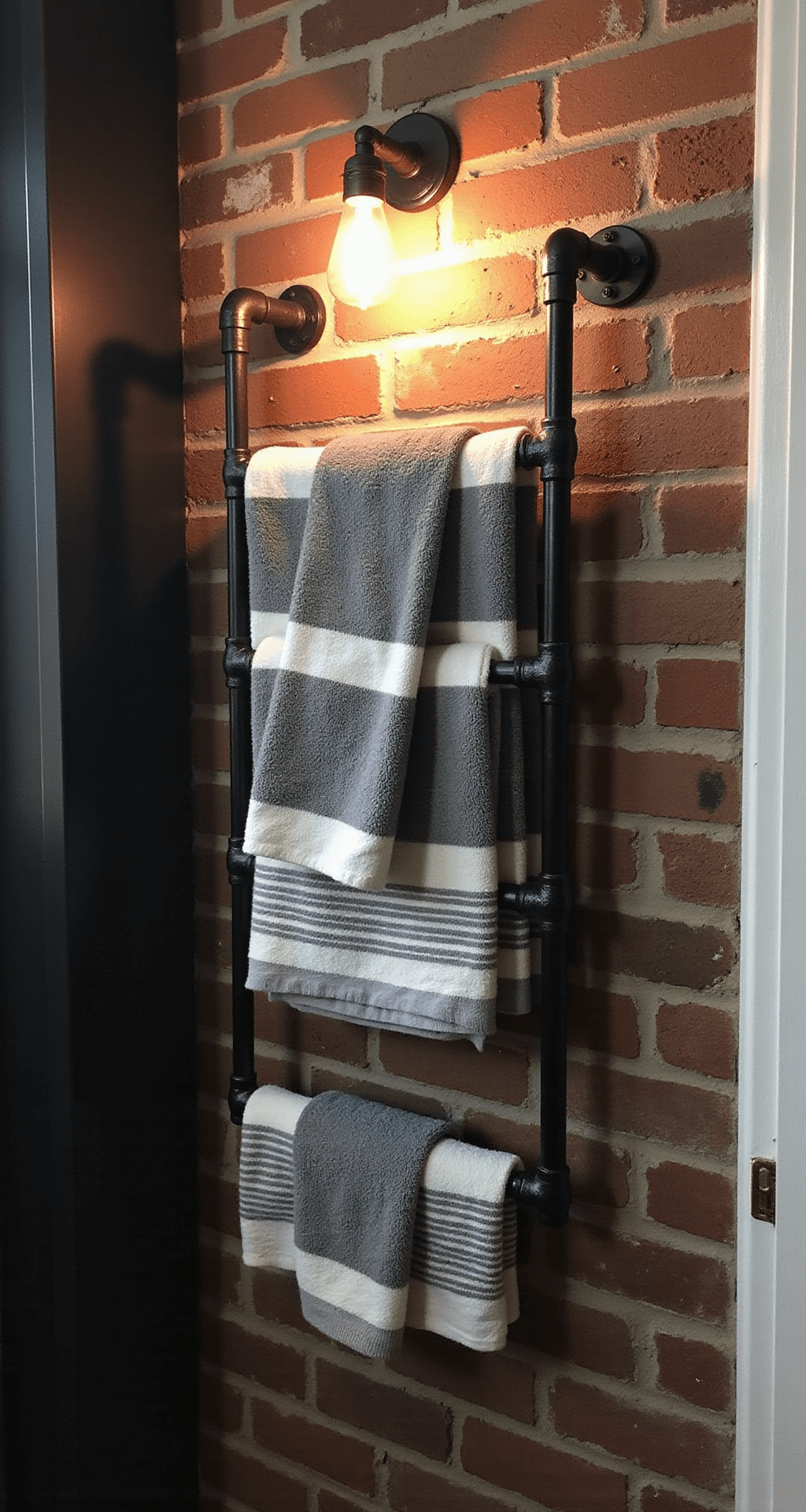 Creative Bathroom Towel Rack Ideas: Transform Your Space with Style and Function Industrial-chic bathroom featuring an exposed brick wall, a black pipe towel rack with charcoal and white striped towels, and a dramatic Edison bulb sconce, all captured from a side angle to highlight the full height of the installation in a moody urban atmosphere.