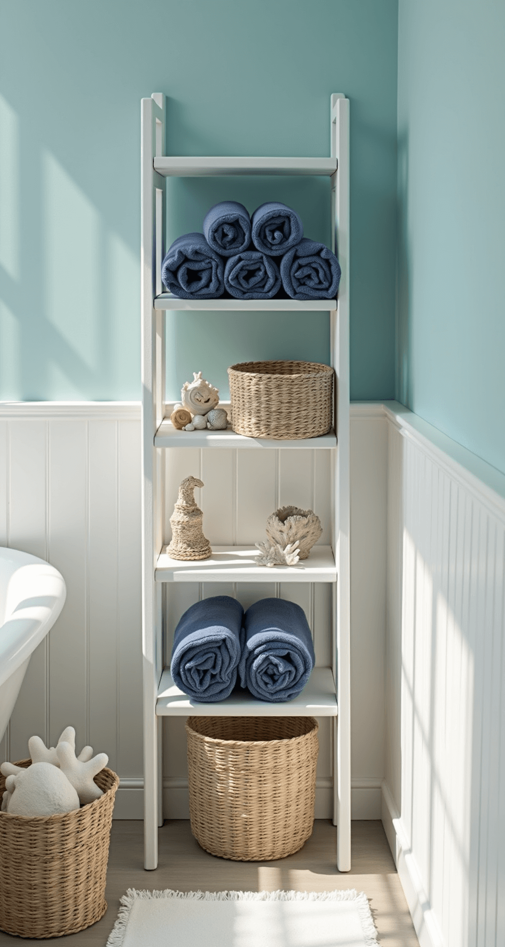 Creative Bathroom Towel Rack Ideas: Transform Your Space with Style and Function Coastal bathroom with sea-glass blue walls, featuring a white wooden ladder shelf displaying rolled navy towels and woven storage baskets, accented by shell collections and coral pieces; bright morning light creates a fresh, airy atmosphere.