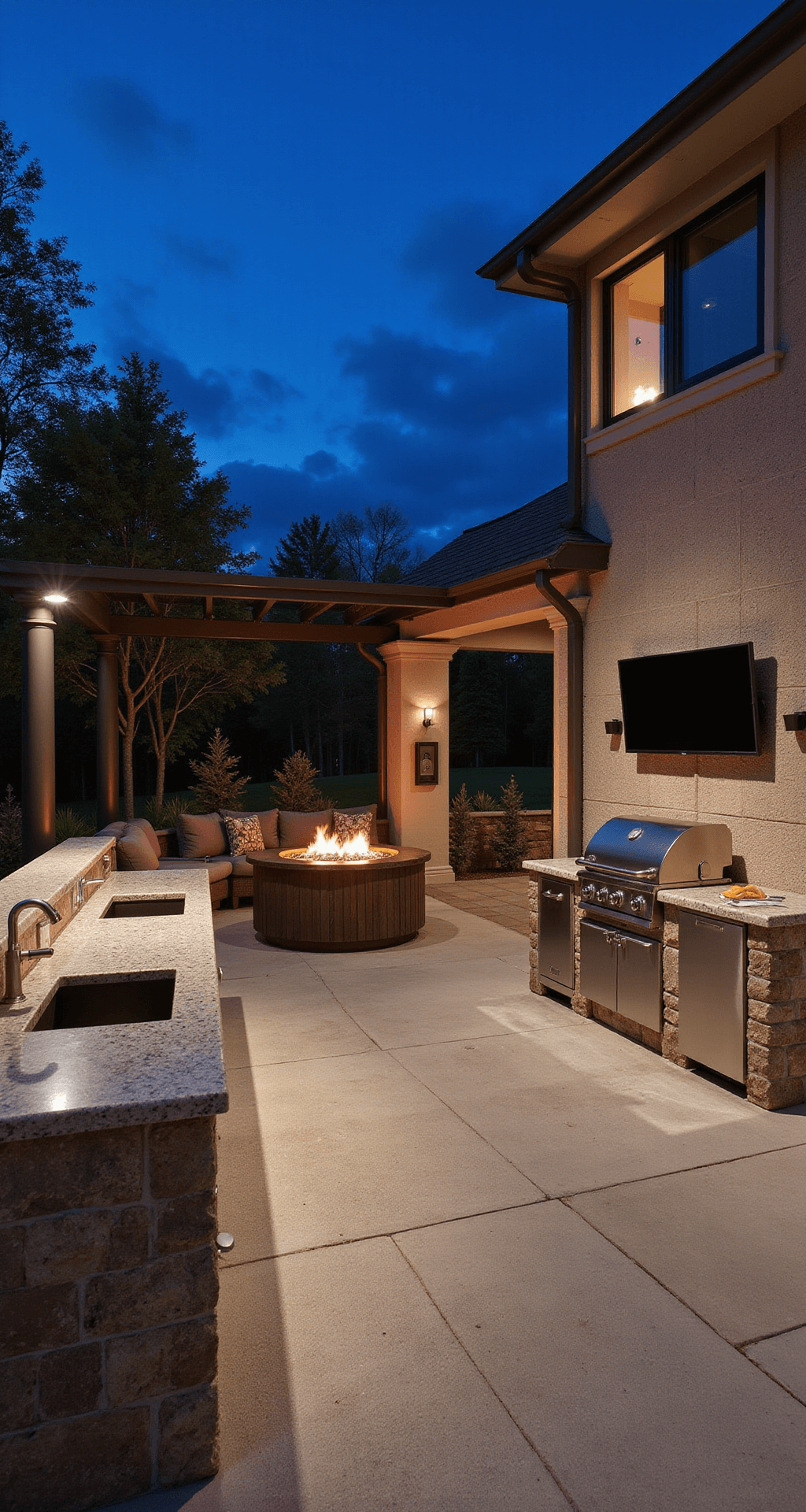 Modern Outdoor Kitchen Ideas for 2025: Transform Your Backyard into a Culinary Paradise Interior-exterior shot of a dusk-lit outdoor kitchen featuring dual cooking islands, brushed stainless steel appliances, diamond stone waterfall countertops, a weather-resistant TV, moody landscape lighting, contemporary furnishings, and a warm fire pit, all captured at dining height with an f/4 focus.